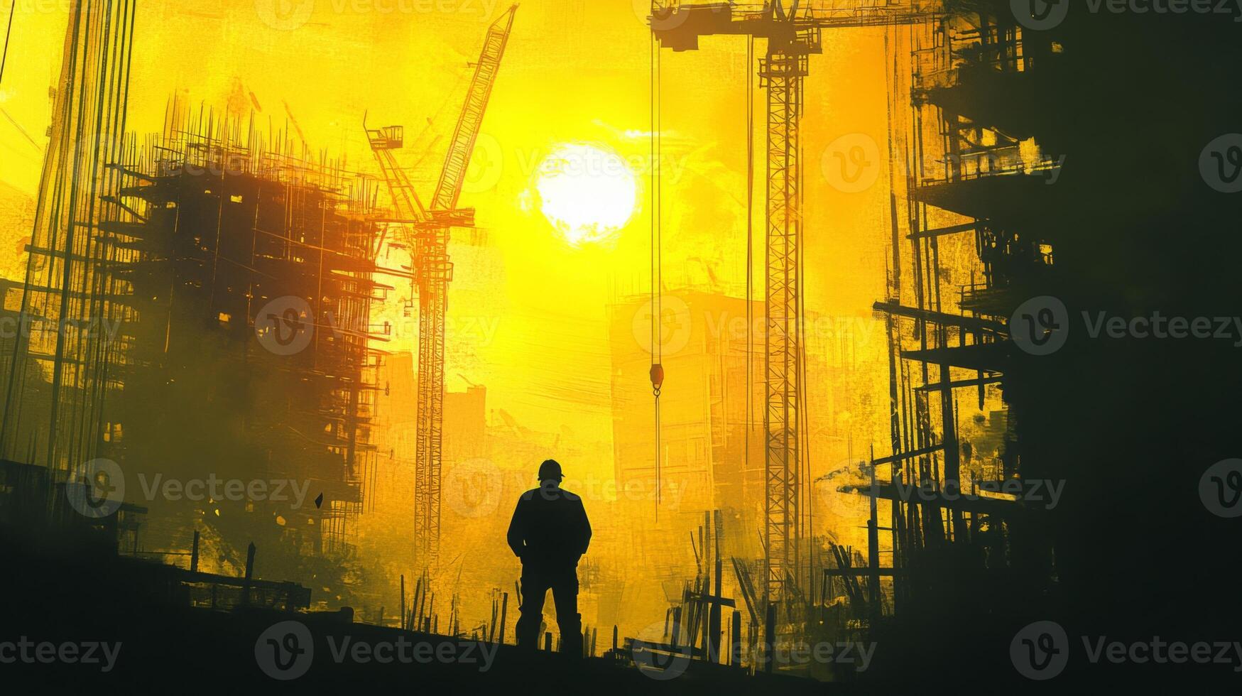 In a vibrant urban landscape, a construction worker stands silhouetted against a golden sunset. photo