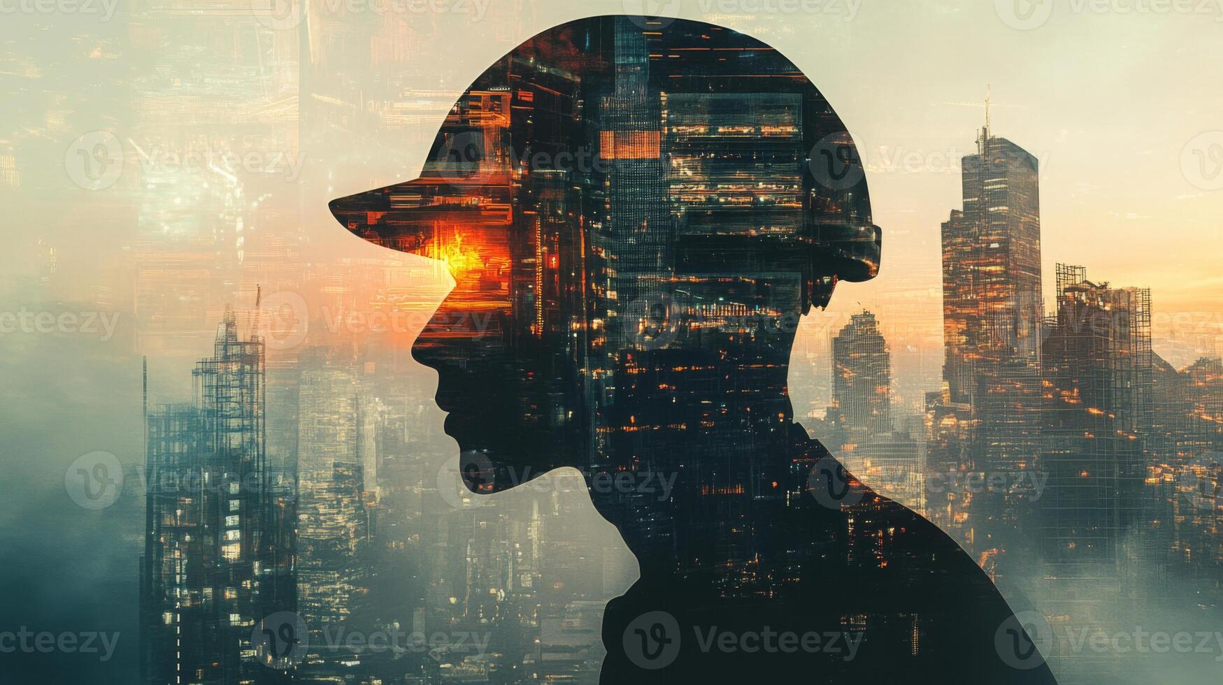 A silhouette of a construction worker wearing a helmet is highlighted against a futuristic cityscape. The rising sun reflects off the skyscrapers, symbolizing progress in real estate and technology. photo