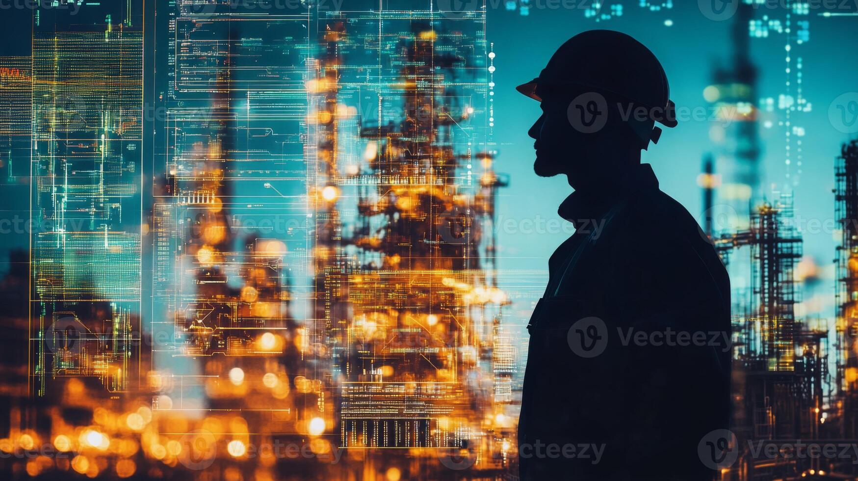 A worker in a hard hat stands silhouetted against a backdrop of construction cranes and digital data overlays. photo