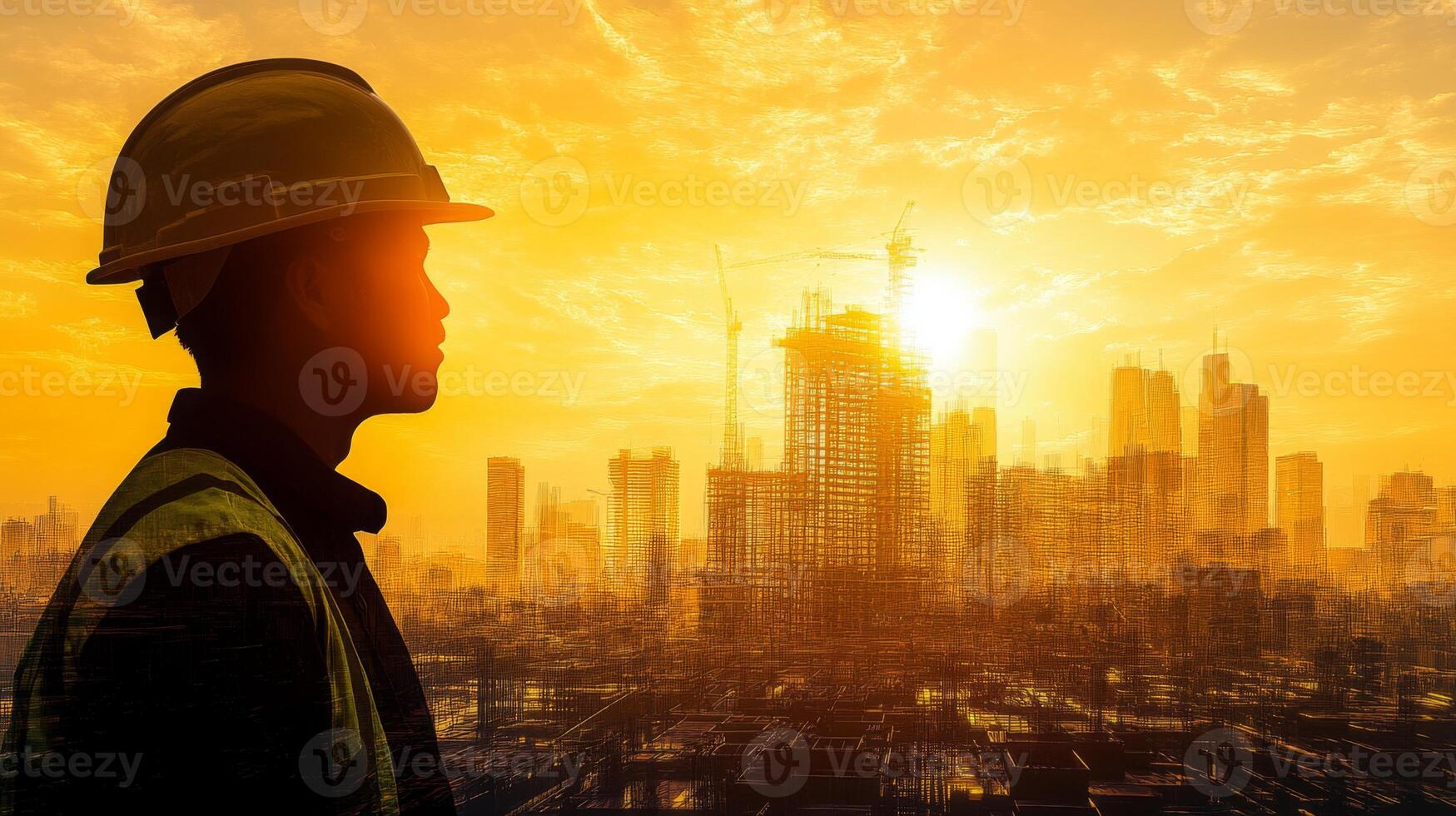 A construction worker stands in profile against a vibrant sunset, observing a developing urban skyline filled with cranes and tall buildings. photo