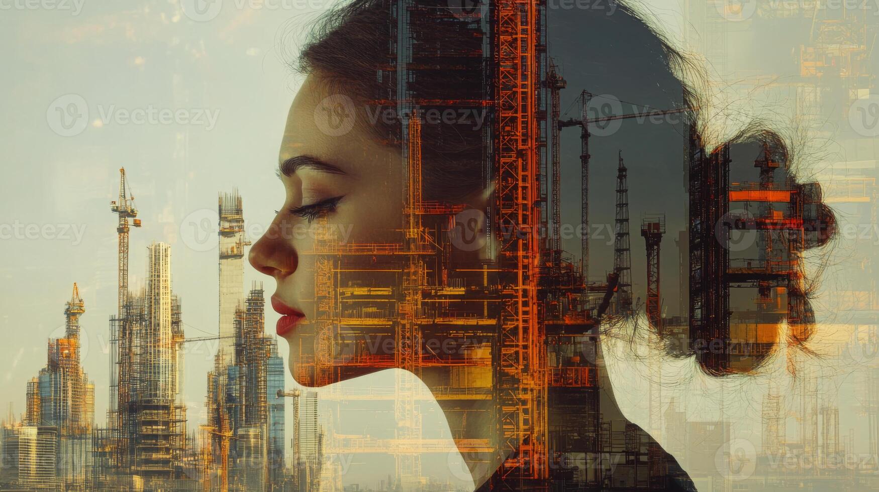 This artwork illustrates the seamless blend of human potential and urban development, depicting a woman's profile merged with a modern city skyline filled with construction sites. photo