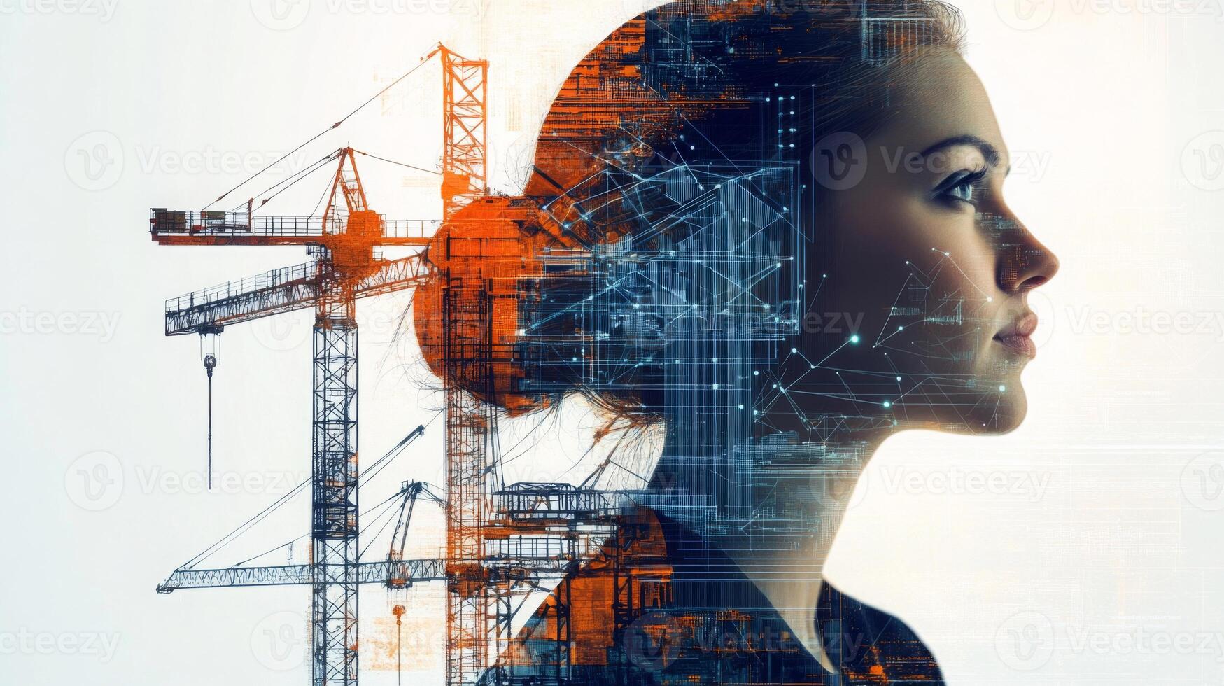 A professional woman stands with an expression of contemplation while the background features construction cranes and digital elements. photo