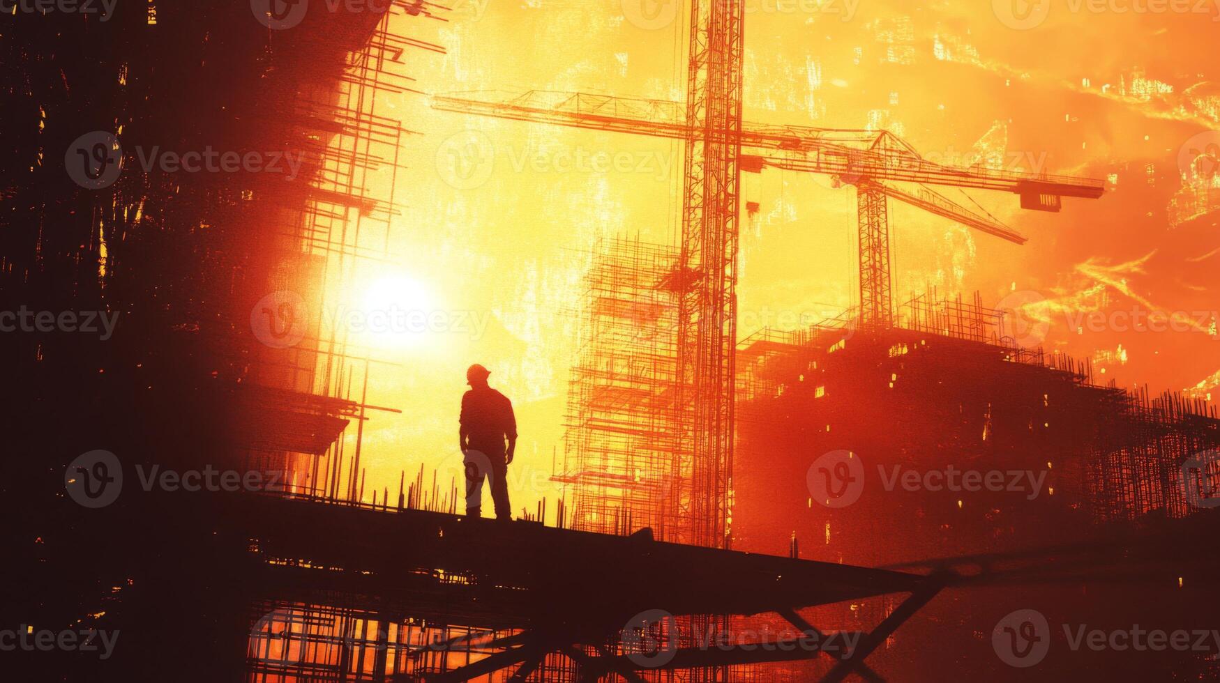 A construction worker stands on scaffolding, overlooking an active building site. The sunset casts a dramatic orange hue, highlighting cranes and silhouette of the structure under construction. photo