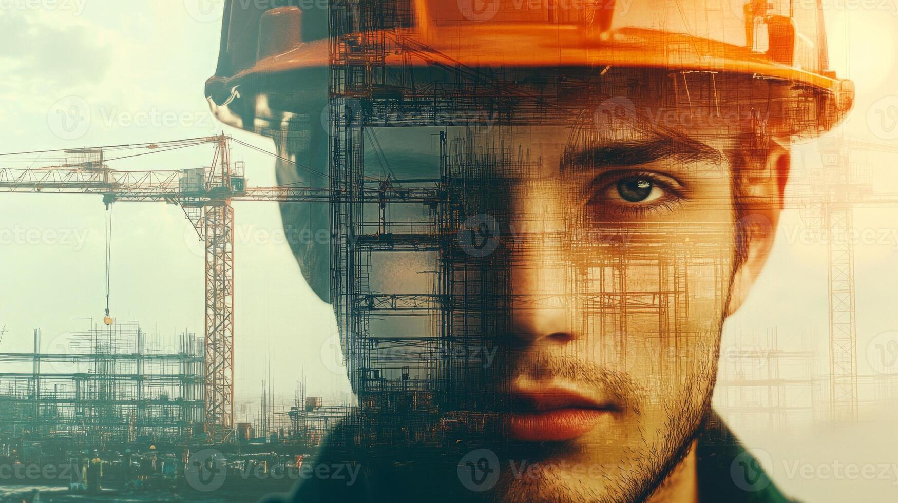A construction worker wearing an orange hard hat stands confidently amid an evolving cityscape. photo
