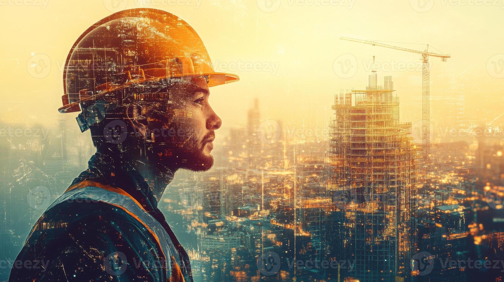 A construction worker observes a bustling real estate site during sunset, highlighting the city's skyline and ongoing development. The warm glow enhances the industrial atmosphere and progress. photo