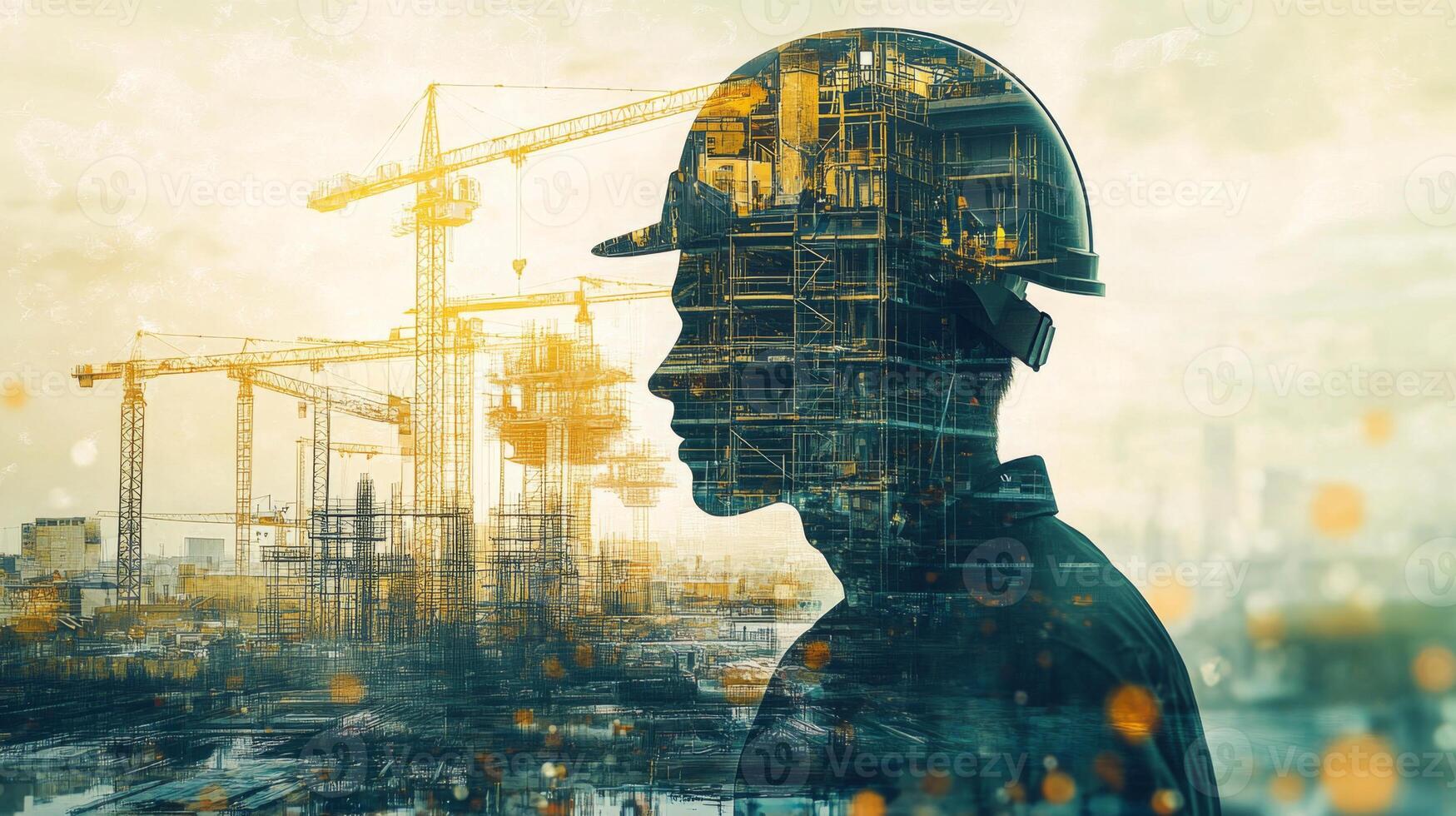 Workers in construction wear safety helmets while new technologies and AI tools shape the future of real estate. photo
