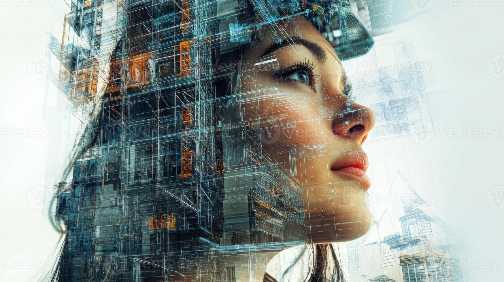 A woman contemplates the future of real estate as digital images of buildings overlay her profile. This representation illustrates the intersection of technology and property management. photo