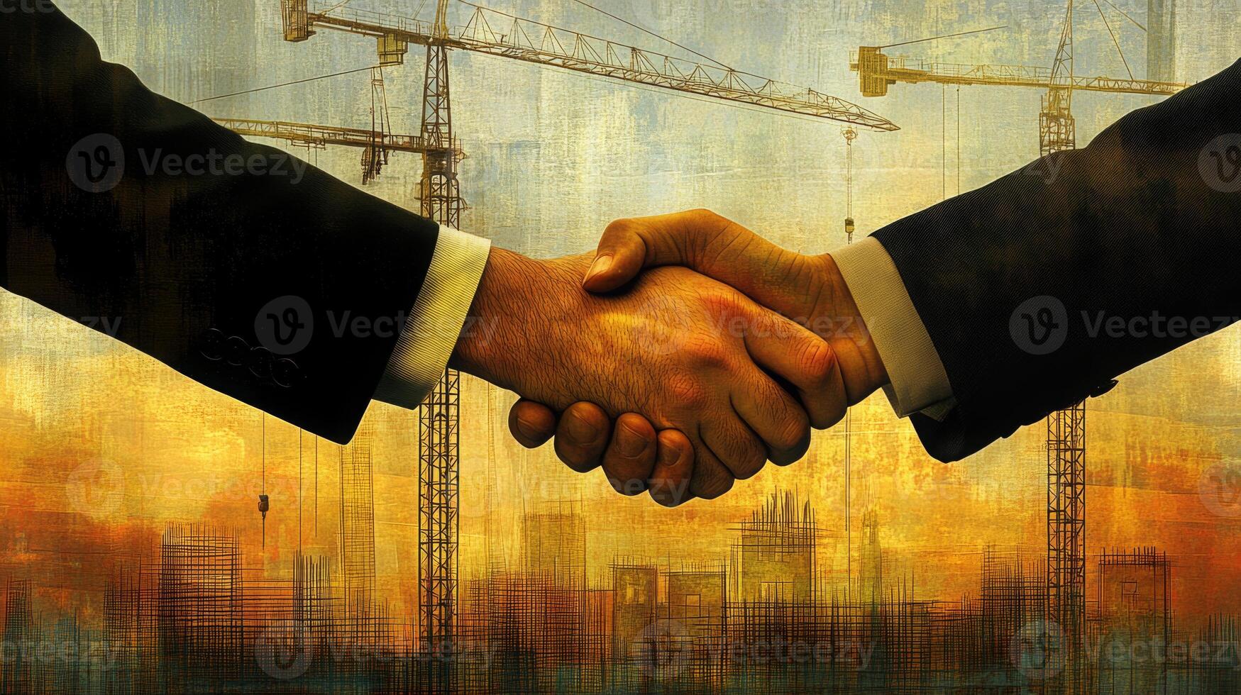 Two business professionals engage in a handshake to signify a partnership in real estate development amidst construction cranes. The background features an urban skyline, highlighting growth. photo