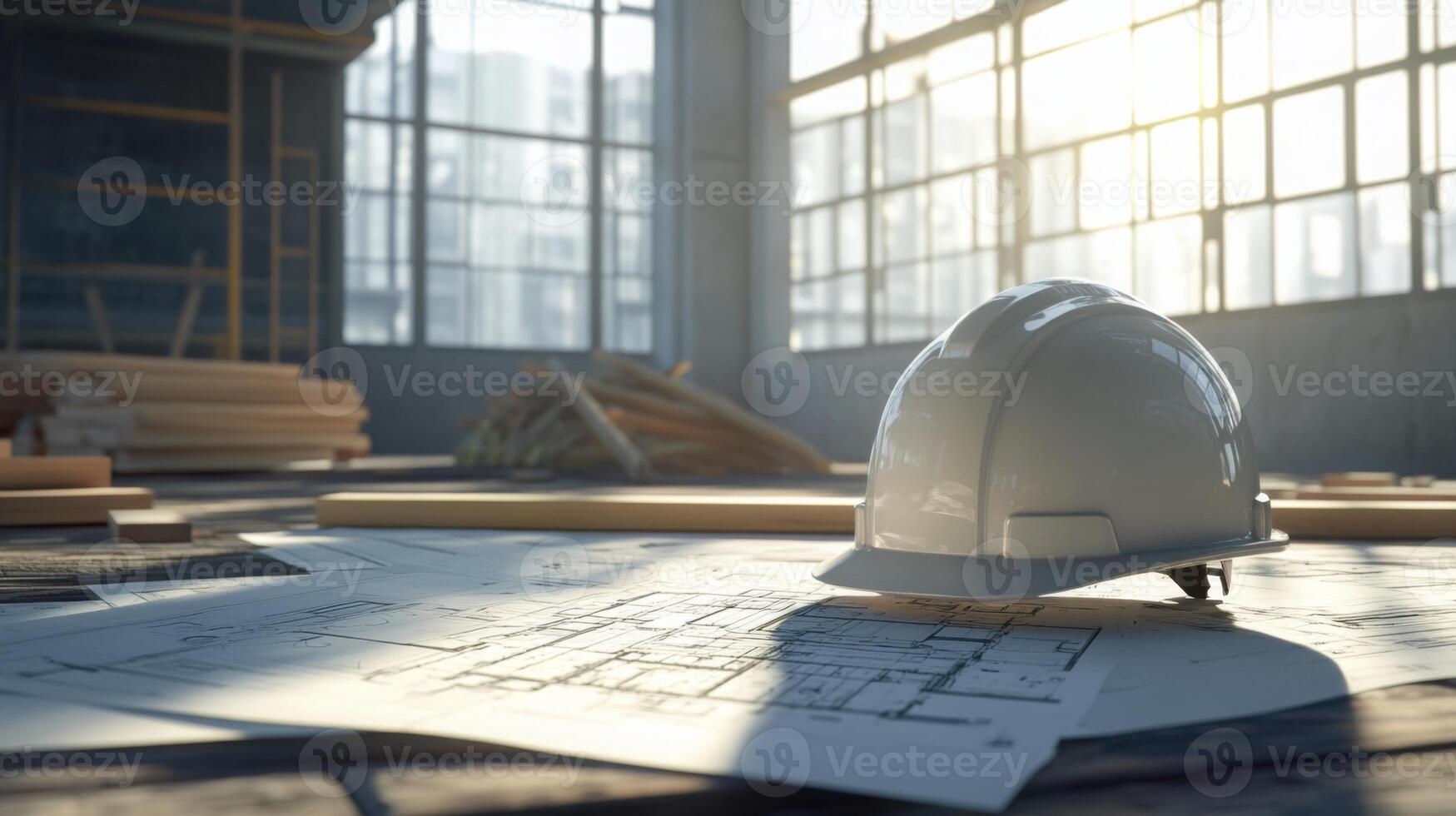 Sunlight filters through large windows in a construction site, illuminating detailed building plans and a white hard hat resting on a wooden surface, emphasizing the sites active development. photo