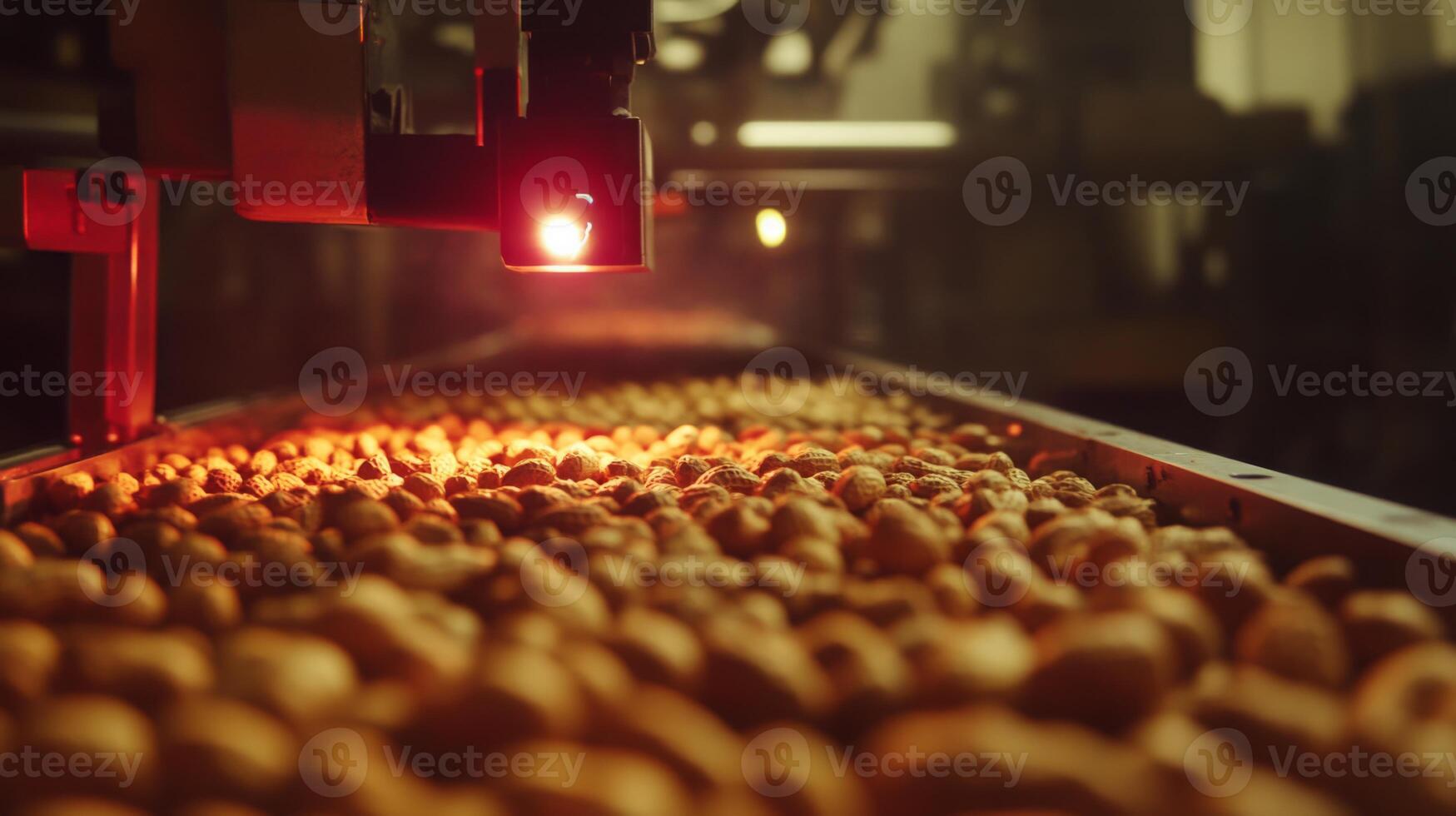 This production line showcases advanced AI technology sorting and processing nuts. A red light indicates scanning as nuts move along the conveyor, ensuring quality and efficiency in food production. photo