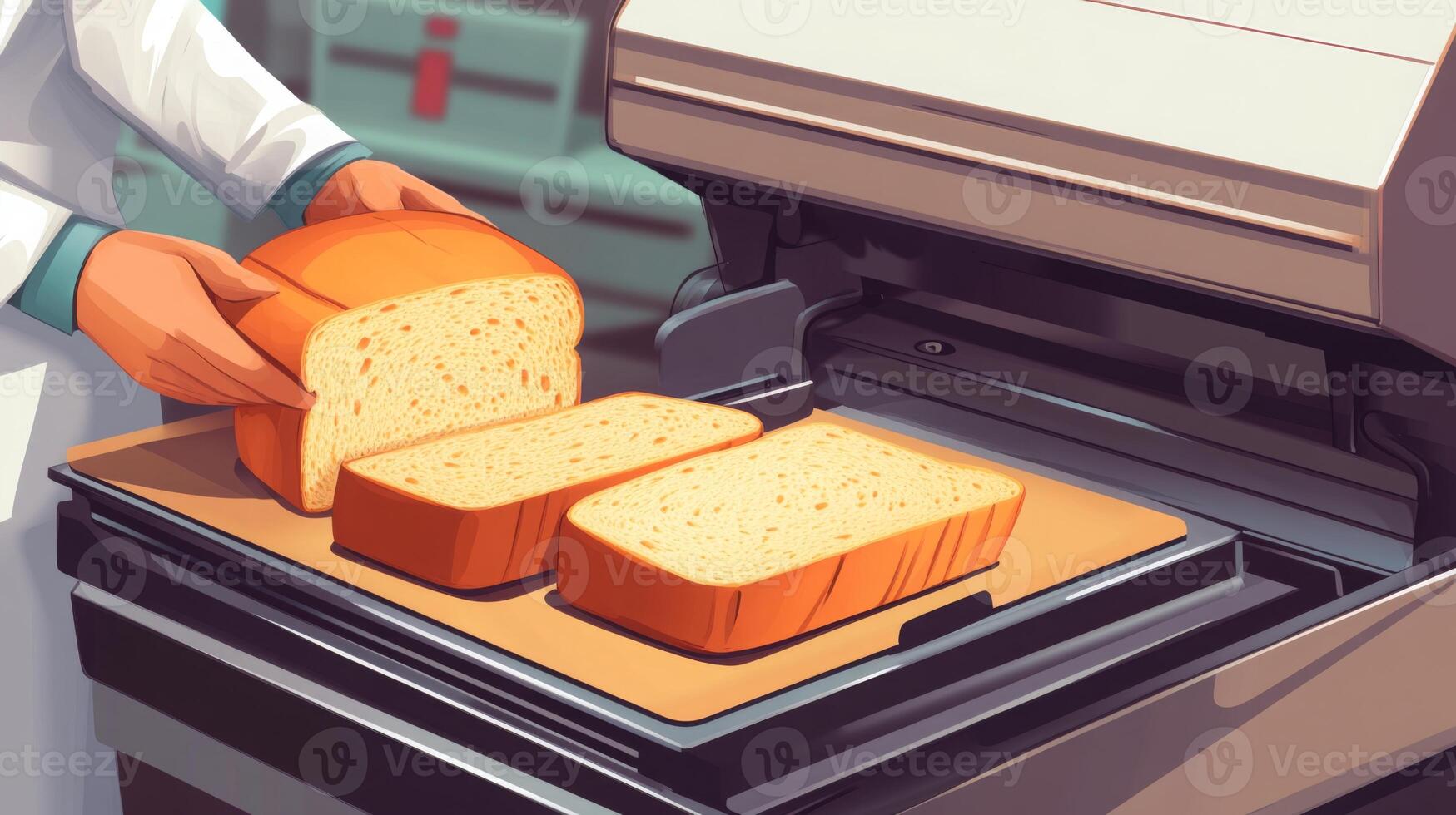 A baker expertly operates a modern production line, utilizing ai technology to slice fresh bread with precision. The setting features an industrial kitchen equipped for high-volume food processing. photo