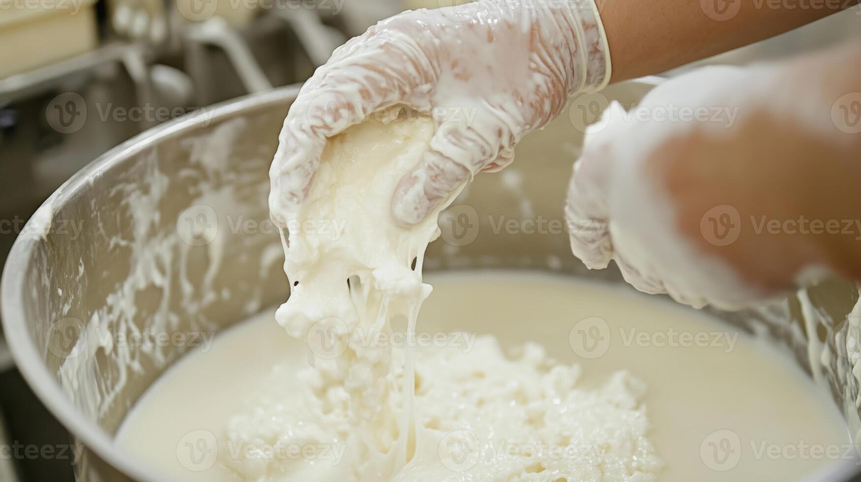 Hands in gloves pull curds from a large pot of fresh milk. Advanced ai technology streamlines the food production process, enhancing quality and efficiency in dairy processing envirionments. photo