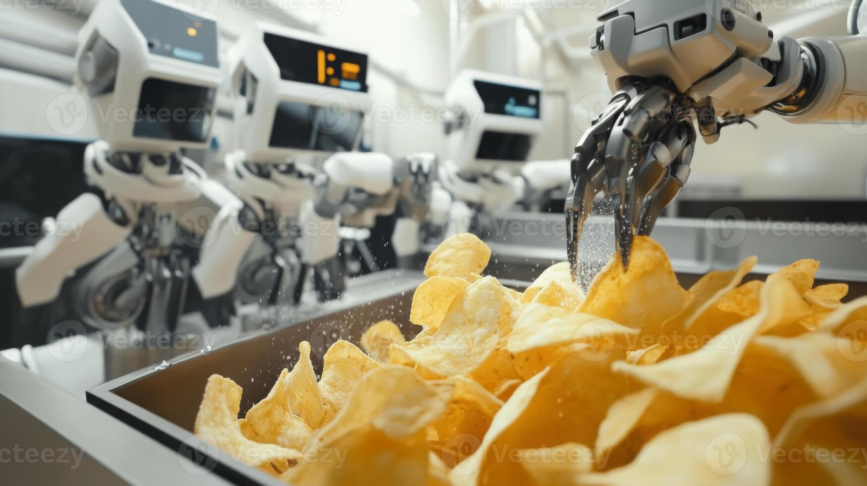 Robotic arms are meticulously placing potato chips into packaging containers in a modern food production facility. This advanced automation improves precision and speed in snack preparation. photo