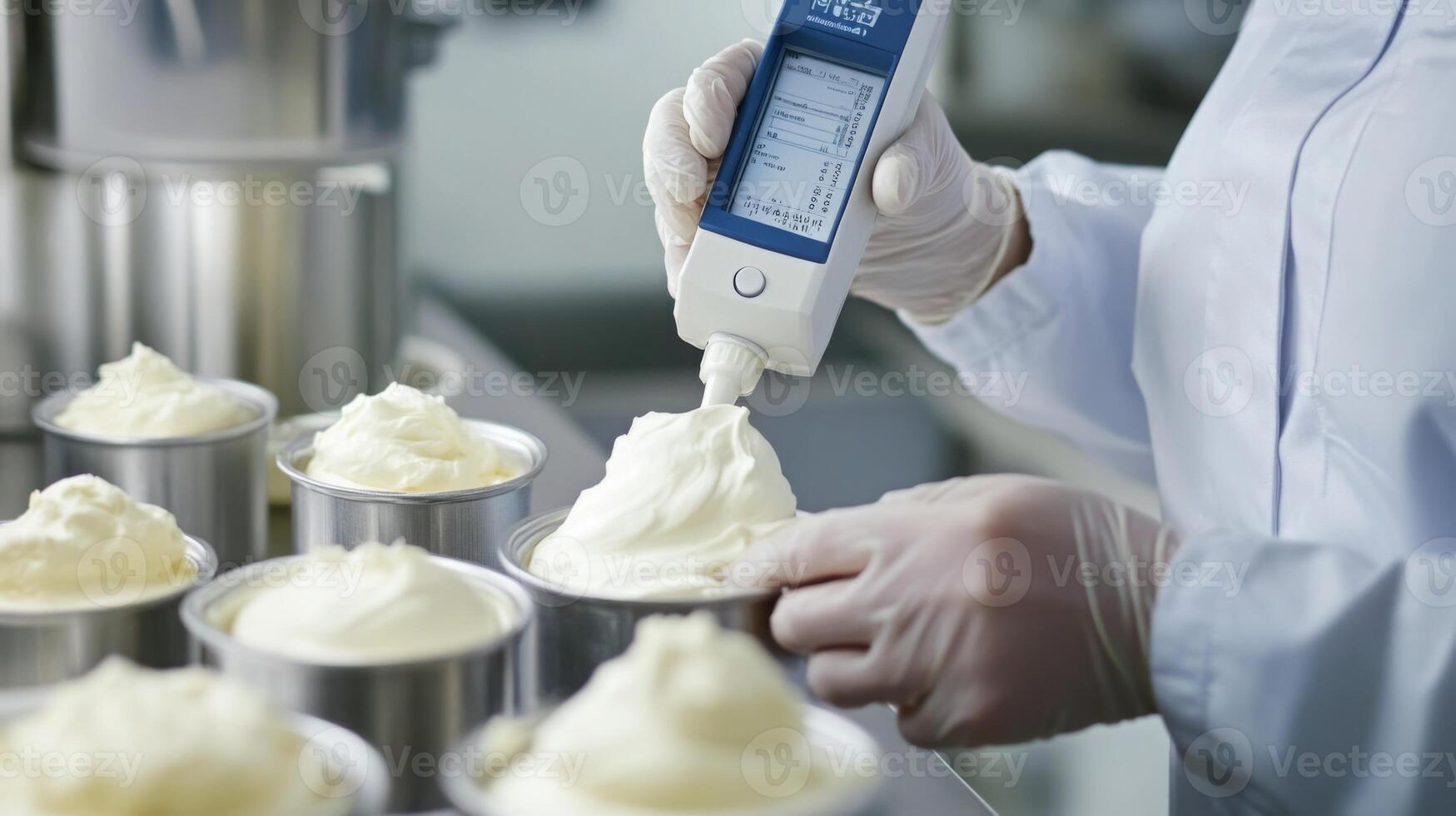 In a food production facility, an operator uses ai technology to precisely measure and fill containers with a creamy dessert. This process ensures high quality and efficiency in dessert packaging. photo