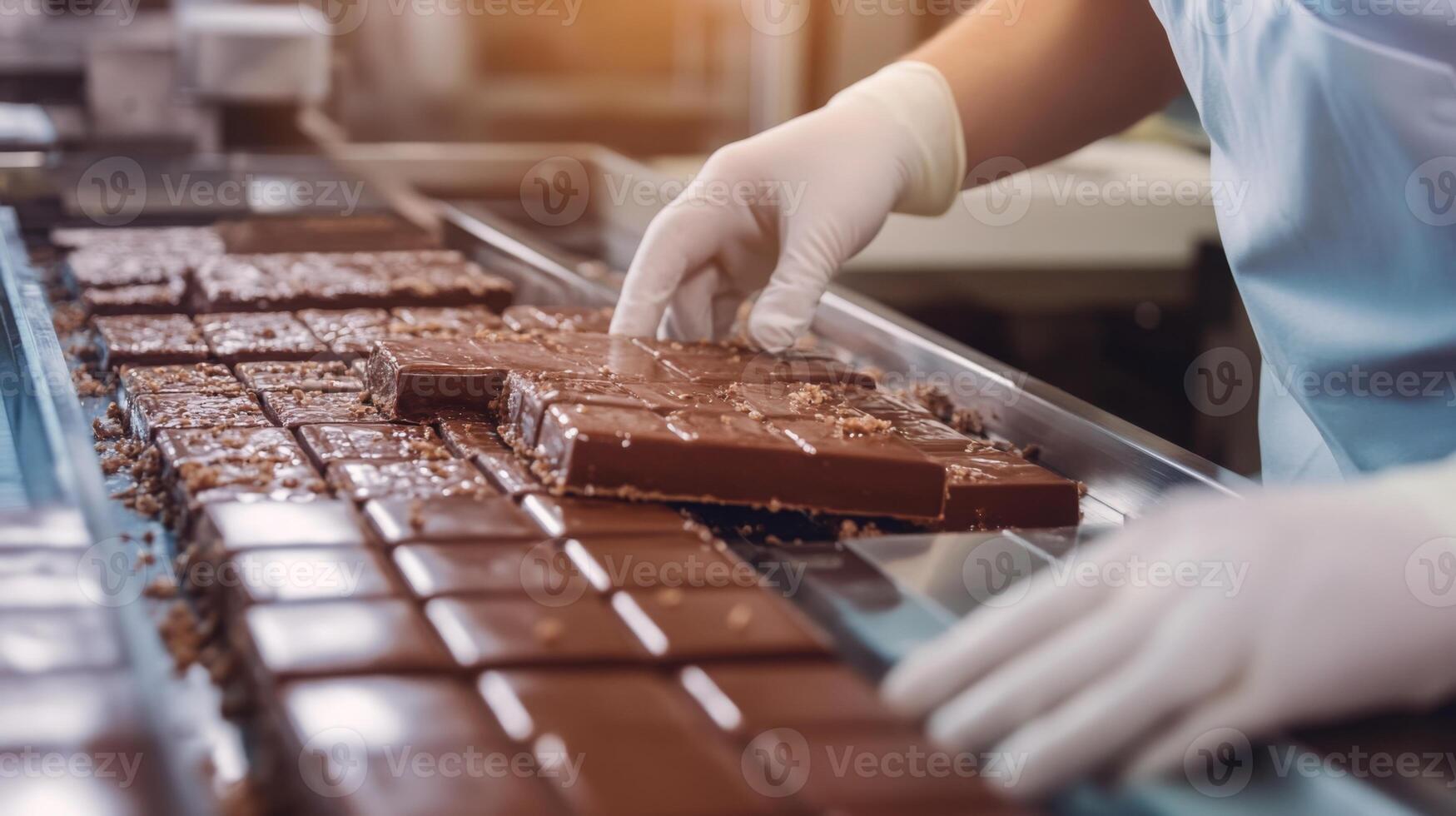 A worker in a factory carefully inspects chocolate bars on a production line. The setting is bustling with activity, showcasing the meticulous process of food production focused on quality control. photo