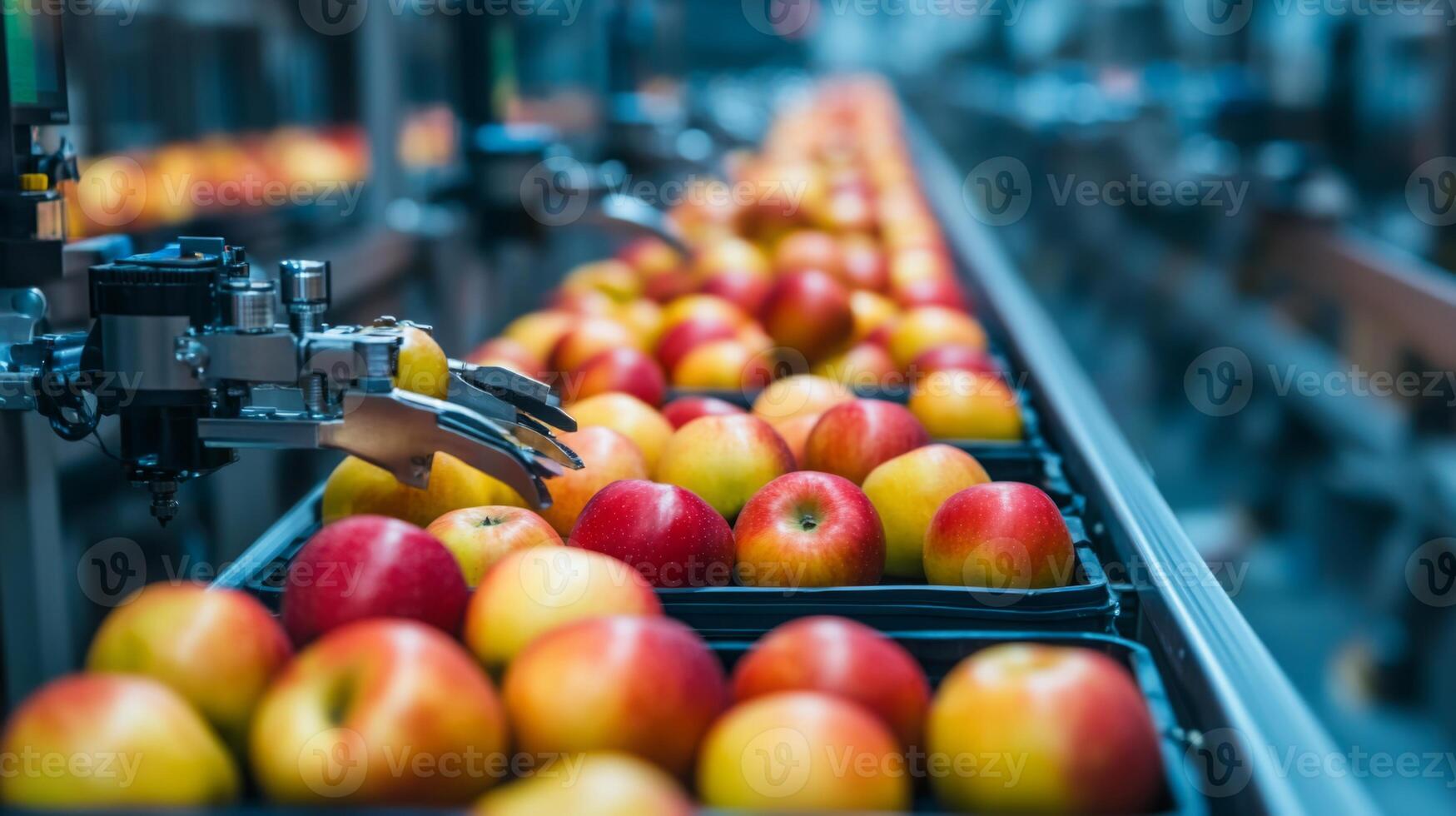 A busy food production line showcases artificial intelligence technology sorting and handling fresh apples. Robotic arms carefully pick and arrange the apples in crates for efficient distribution. photo
