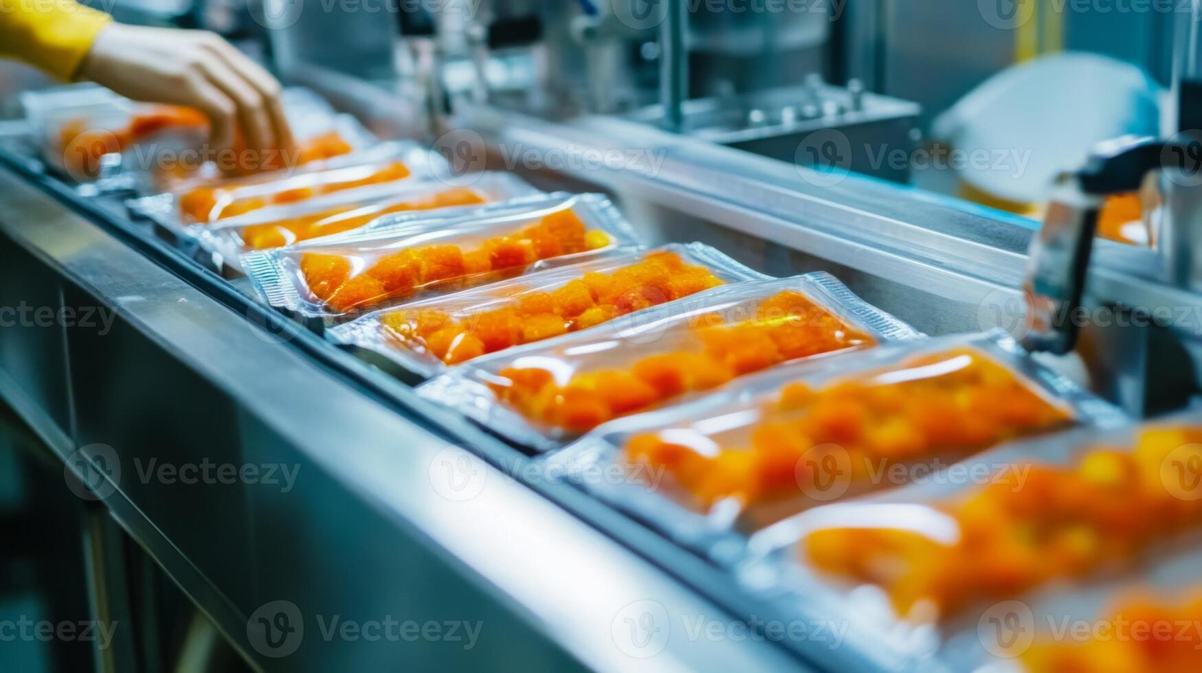 A production line uses artificial intelligence to package fresh ingredients into sealed containers. Workers ensure the quality and consistency of the food items for optimal delivery to consumers. photo