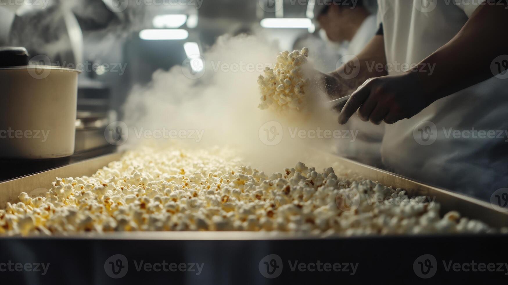 Workers are preparing large batches of popcorn in a food production facility. Steam rises as they handle the fluffy, crispy snacks, ensuring efficiency in the processing line during busy hours. photo