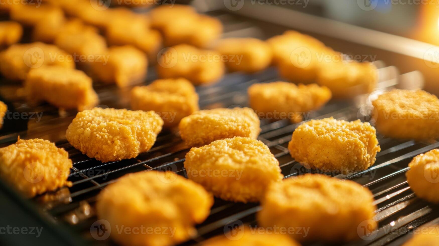 Golden-brown food items are arranged on a metal rack in a busy production line. The environment showcases a well-organized cooking process, emphasizing speed and efficiency during meal preparation. photo