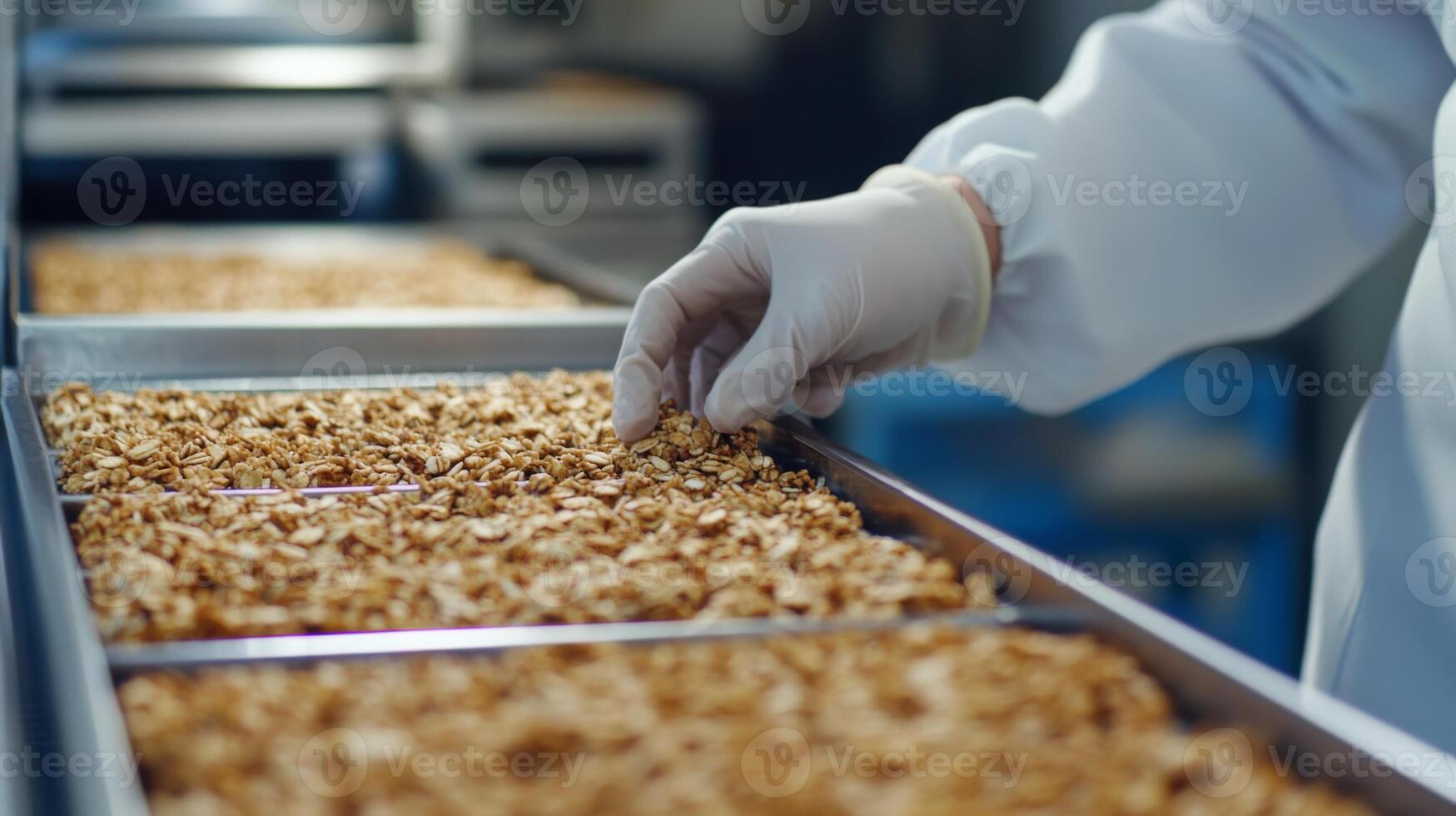 A worker in a sterile white coat and gloves inspects a tray of granola on a food production line. The well-organized setting highlights the use of ai in automating food processing. photo