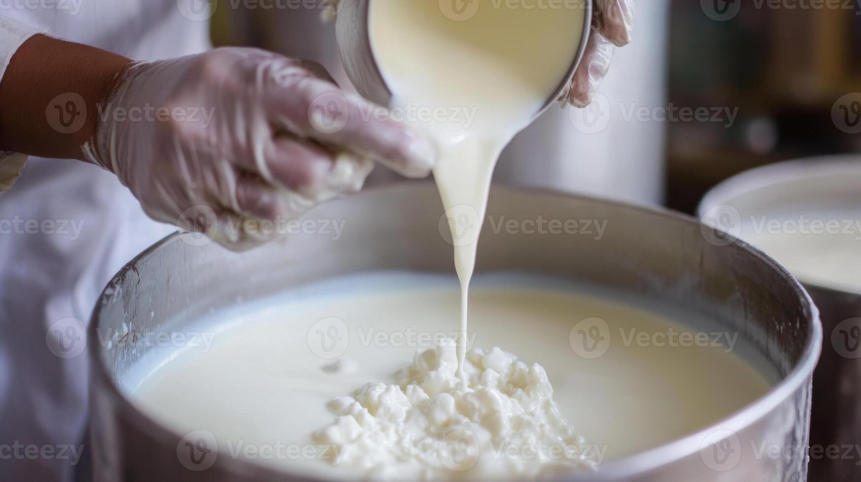 A worker utilizes advanced ai tools to optimize the production line. In a busy dairy processing facility, milk is carefully poured into a container, ensuring precision in the cheese-making process. photo