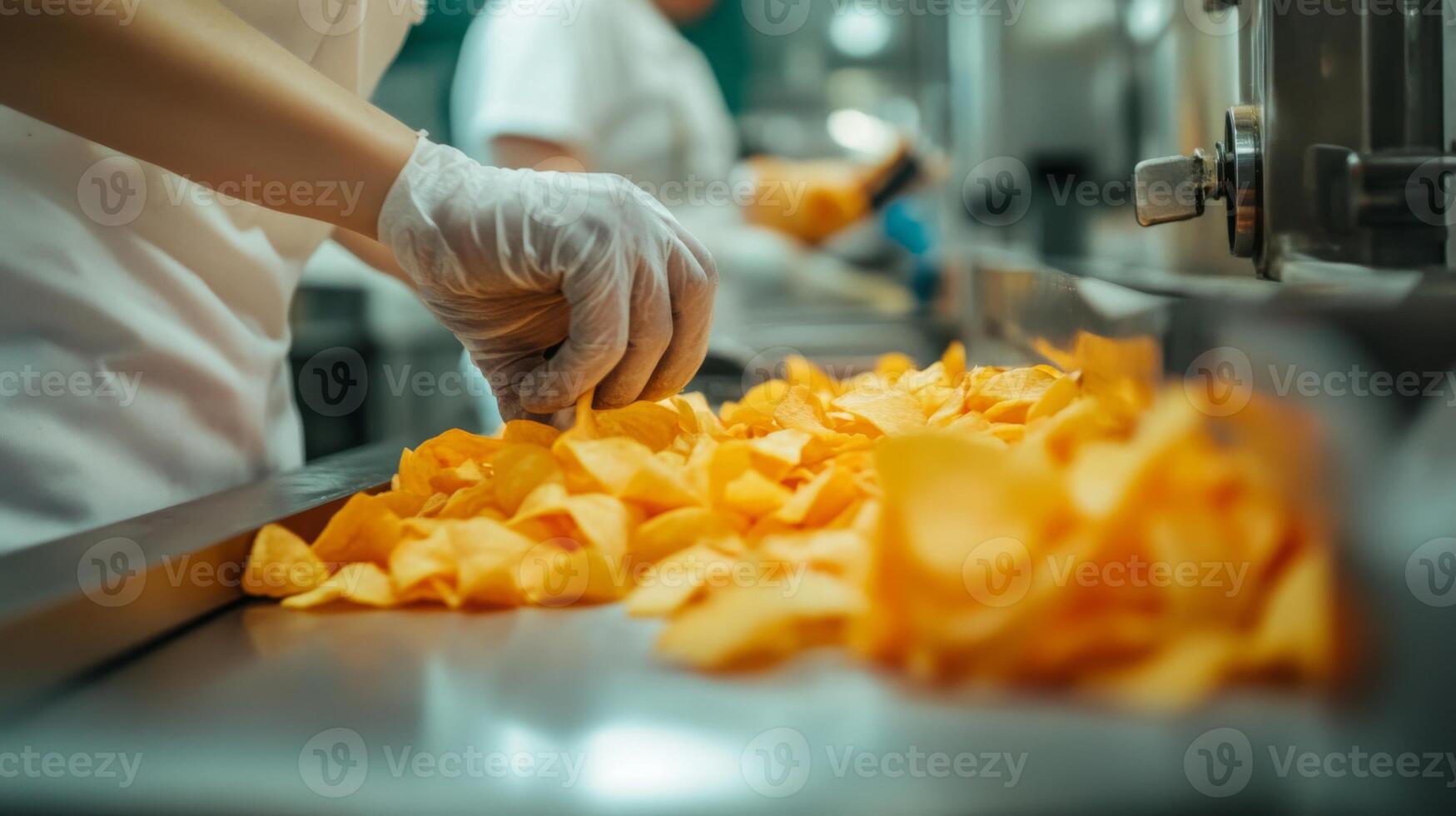 Workers use cutting-edge ai technology on a food production line, meticulously sorting fresh produce. The focus is on ensuring quality and precision during the processing phase in a busy facility. photo