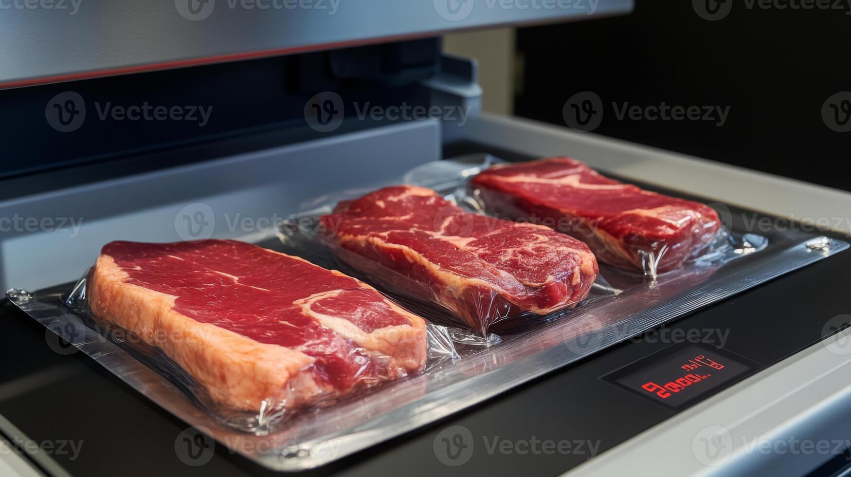High-tech food production line showcases sealed meat cuts ready for cooking, benefiting from artificial intelligence integration for enhanced efficiency and quality in food handling and preparation. photo