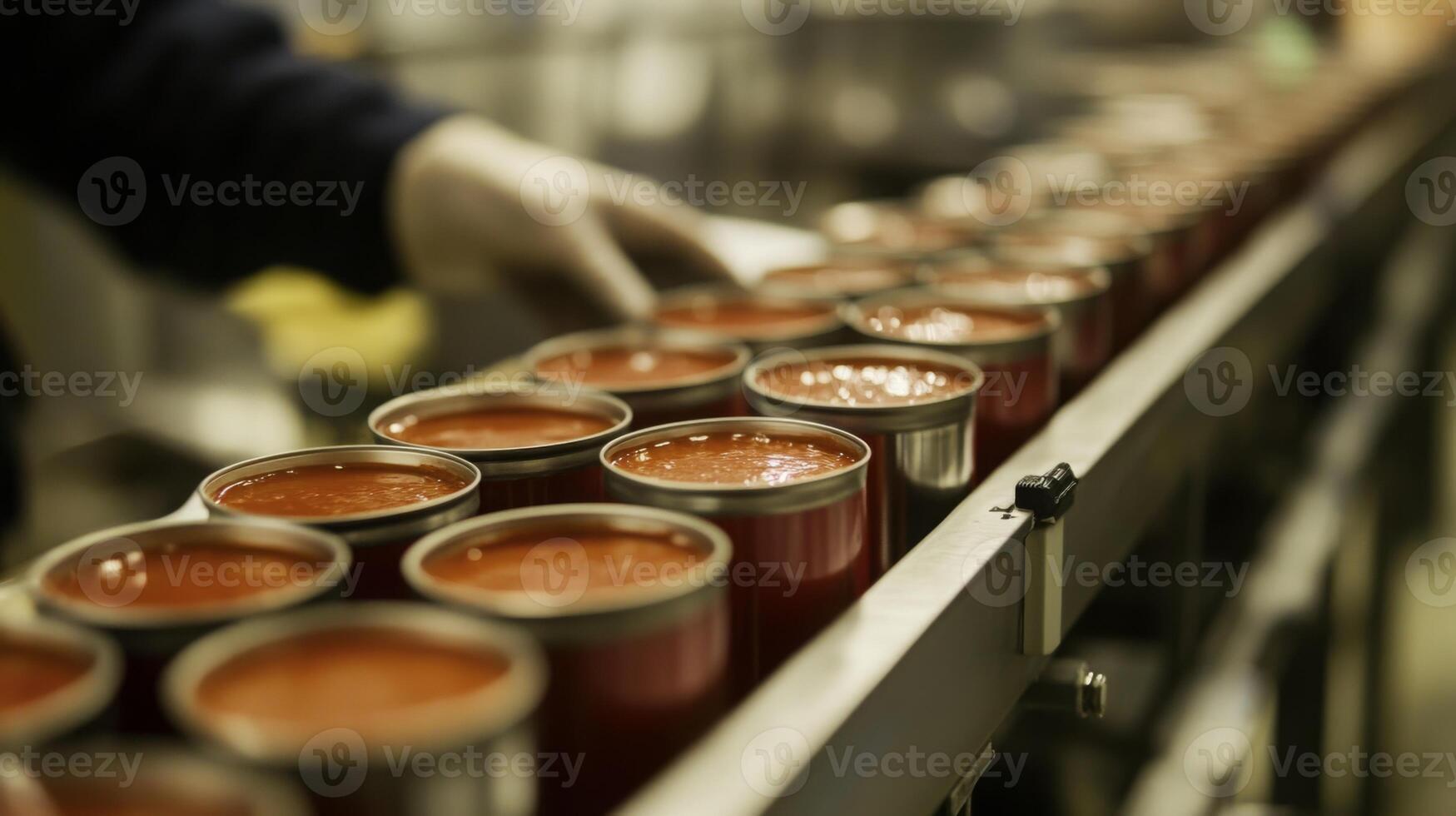 In a bustling food processing facility, workers monitor a production line where cans of tomato sauce are being filled. The operation illustrates high efficiency in food manufacturing. photo