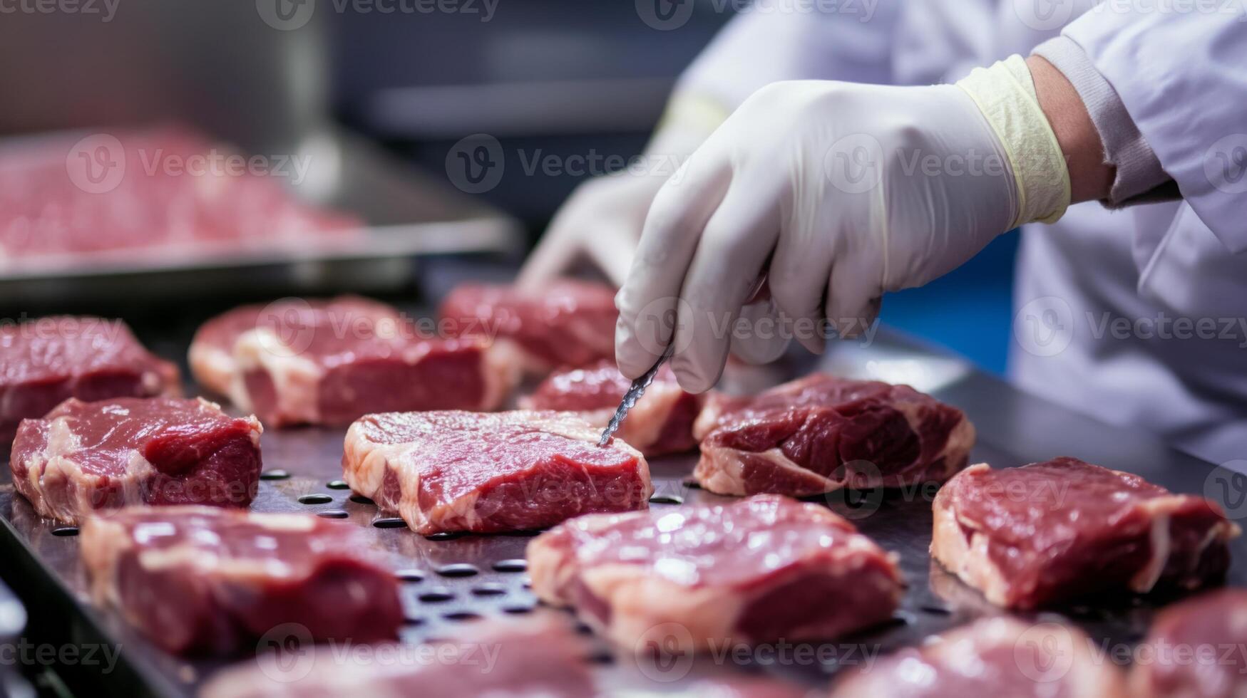 In a food production facility, a worker in protective attire uses tools to inspect and prepare meat cuts on a production line. photo