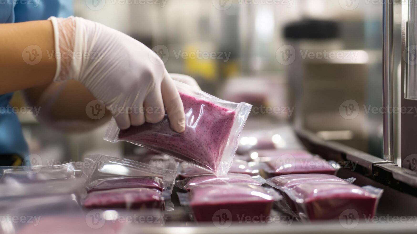A detailed view of a food production line featuring an automated system where a worker, wearing gloves, packages purple food products into sealed pouches. photo