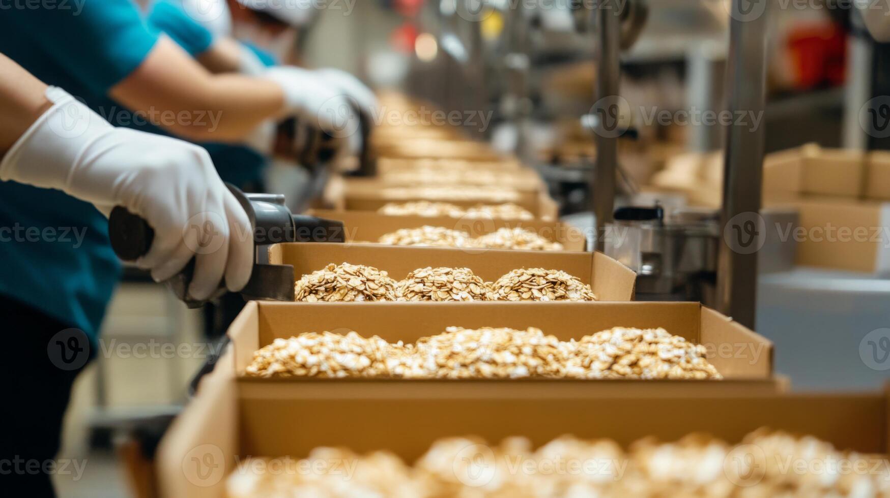Workers are actively packing food items on a production line enhanced by artificial intelligence. photo