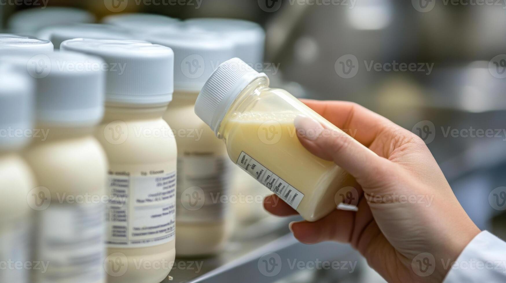 In a modern production facility, an operator carefully inspects a bottle of dairy product on the assembly line. photo