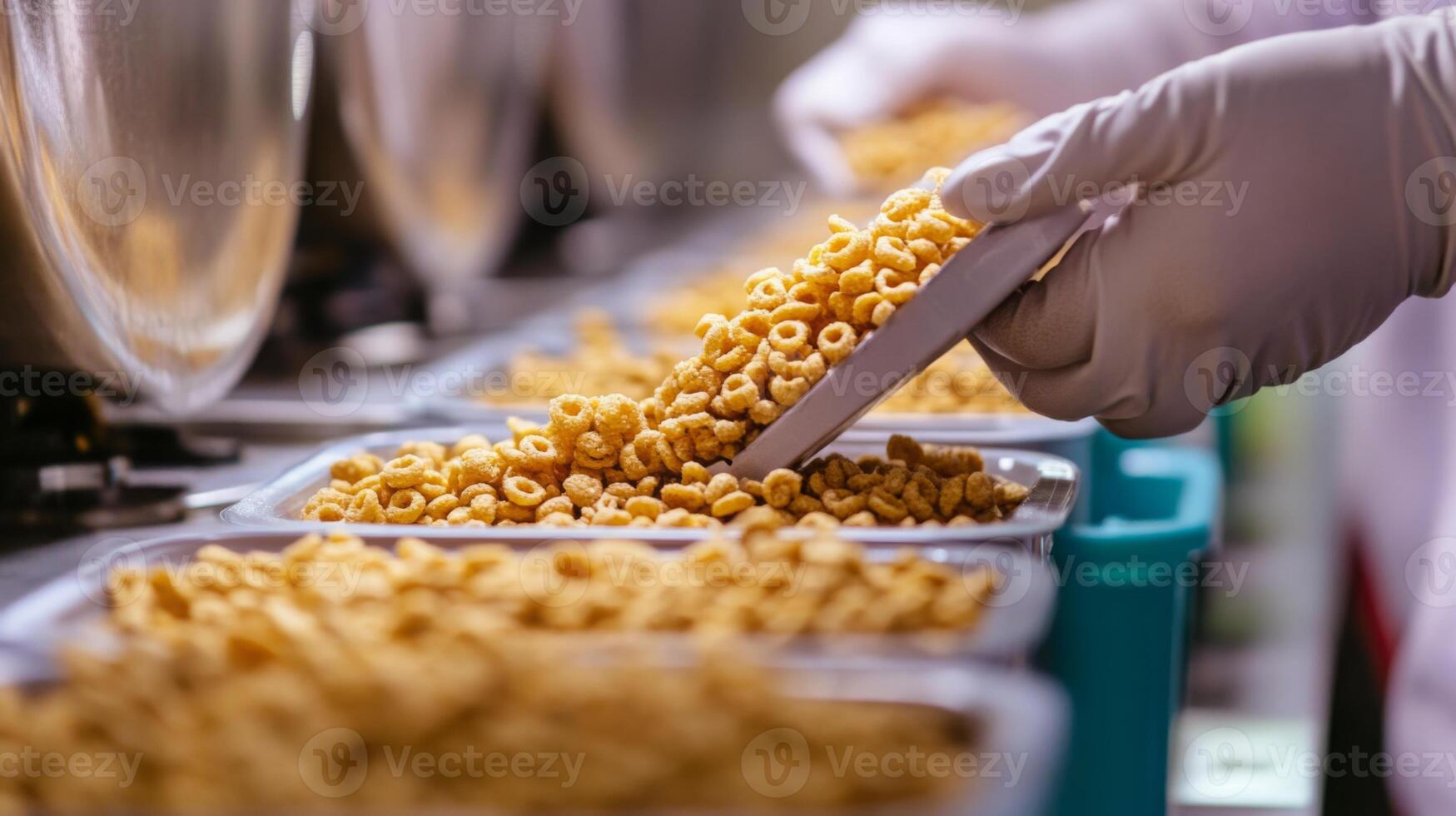 In a modern facility, workers in gloves carefully scoop golden cereal rings into containers along an automated production line. photo