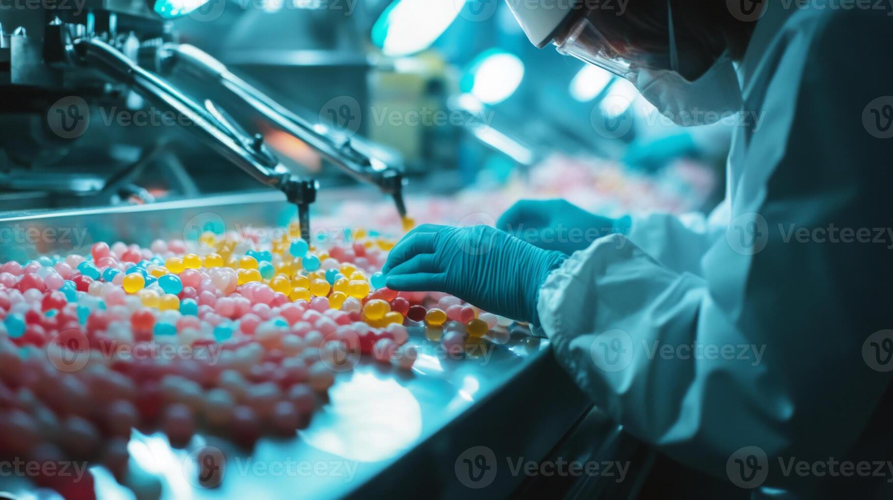 Workers in a food production facility use AI-driven tools to sort and inspect colorful candies on a conveyor belt. The bright lighting enhances the vibrant hues of the sweets during production. photo