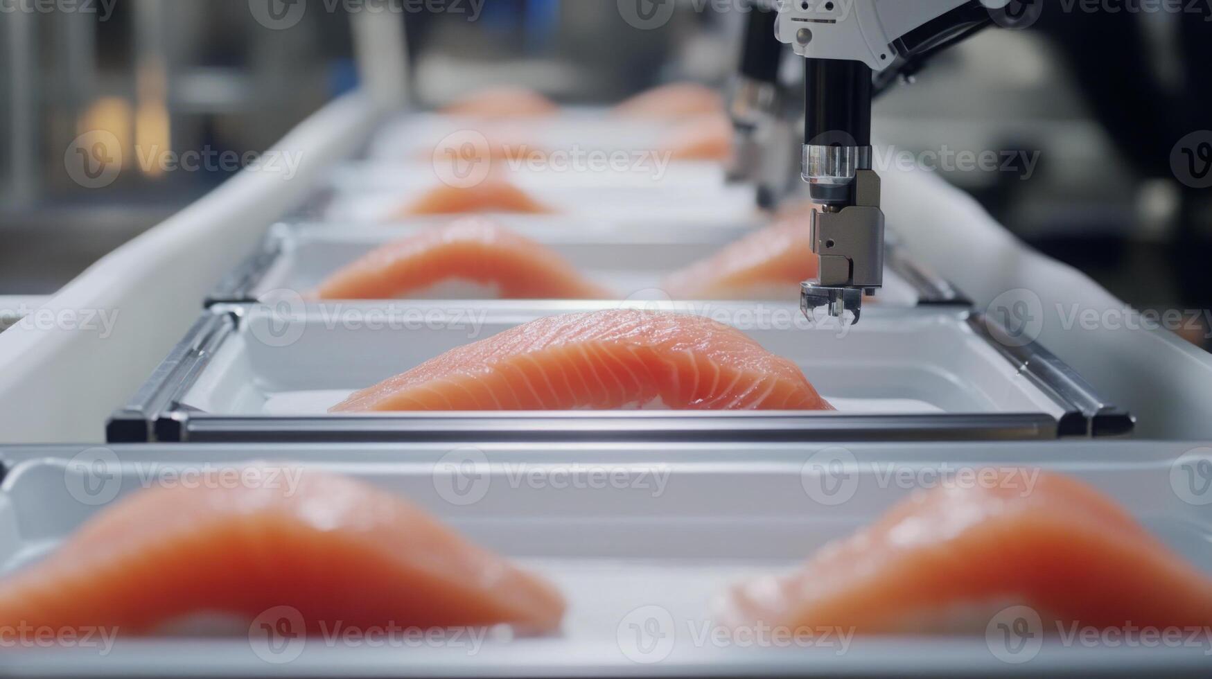 A high-tech production line showcases robotic arms carefully handling fresh salmon fillets. The facility utilizes AI technology to enhance processing efficiency. photo