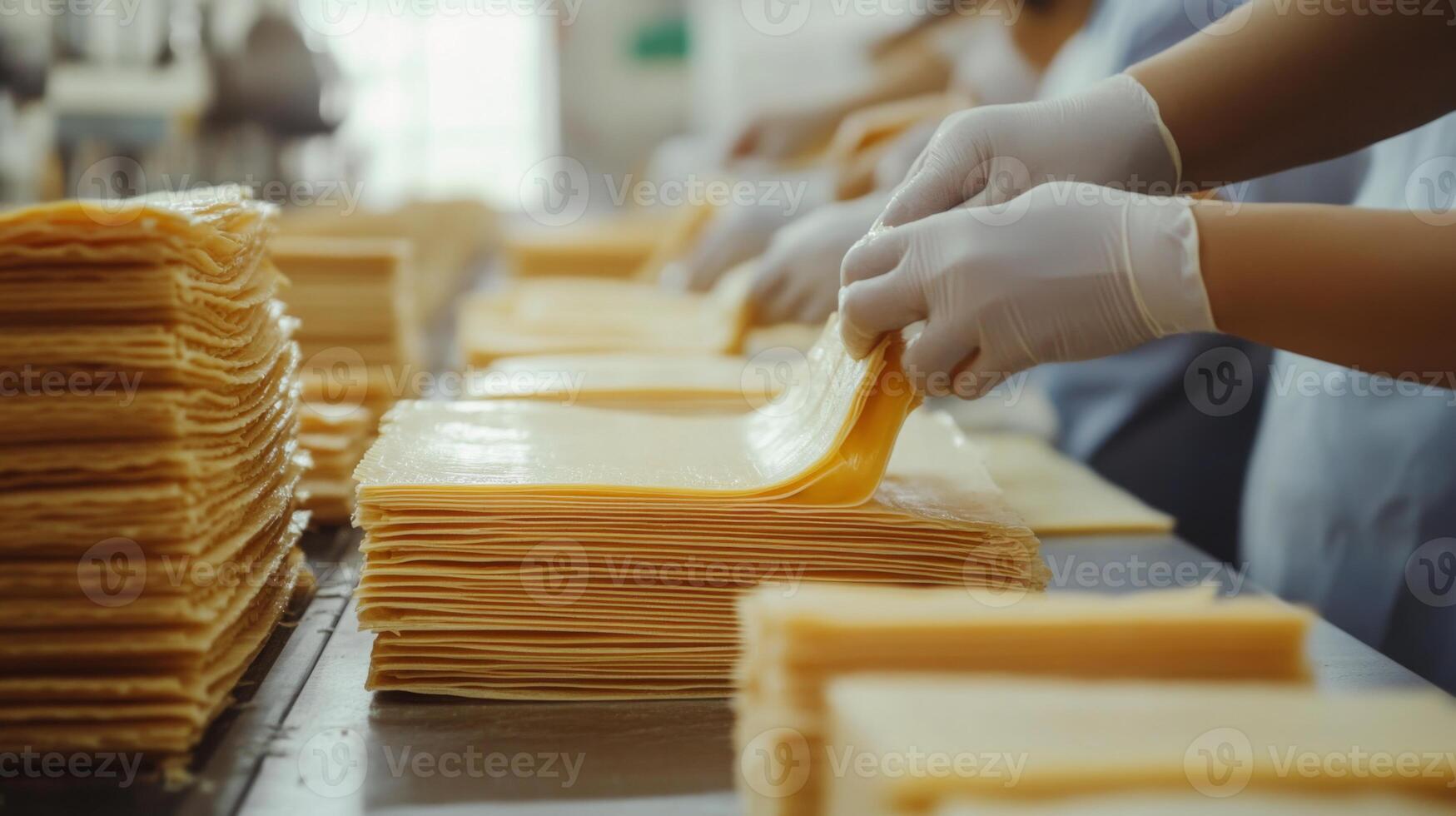 Workers are efficiently stacking processed cheese slices on a production line in a large food processing facility. This activity takes place in a clean, organized environment. photo