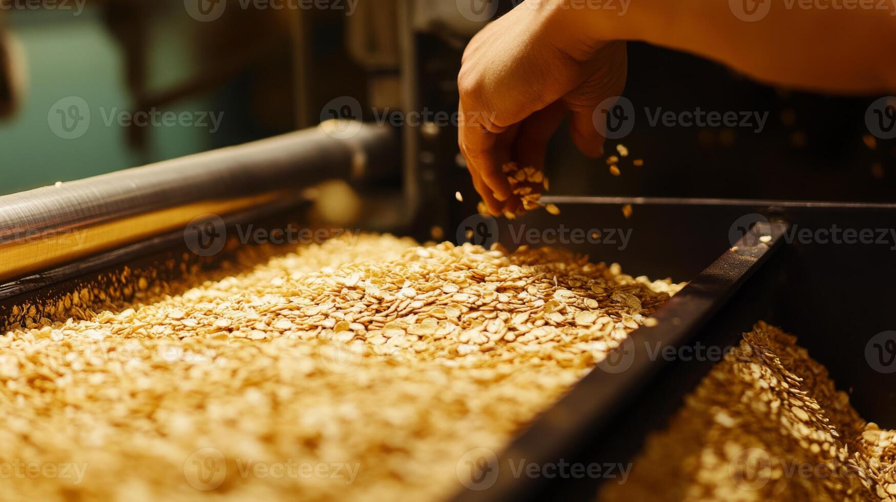 Hands carefully sort through piles of oats on a production line in a food processing facility, ensuring quality and uniformity during production. photo