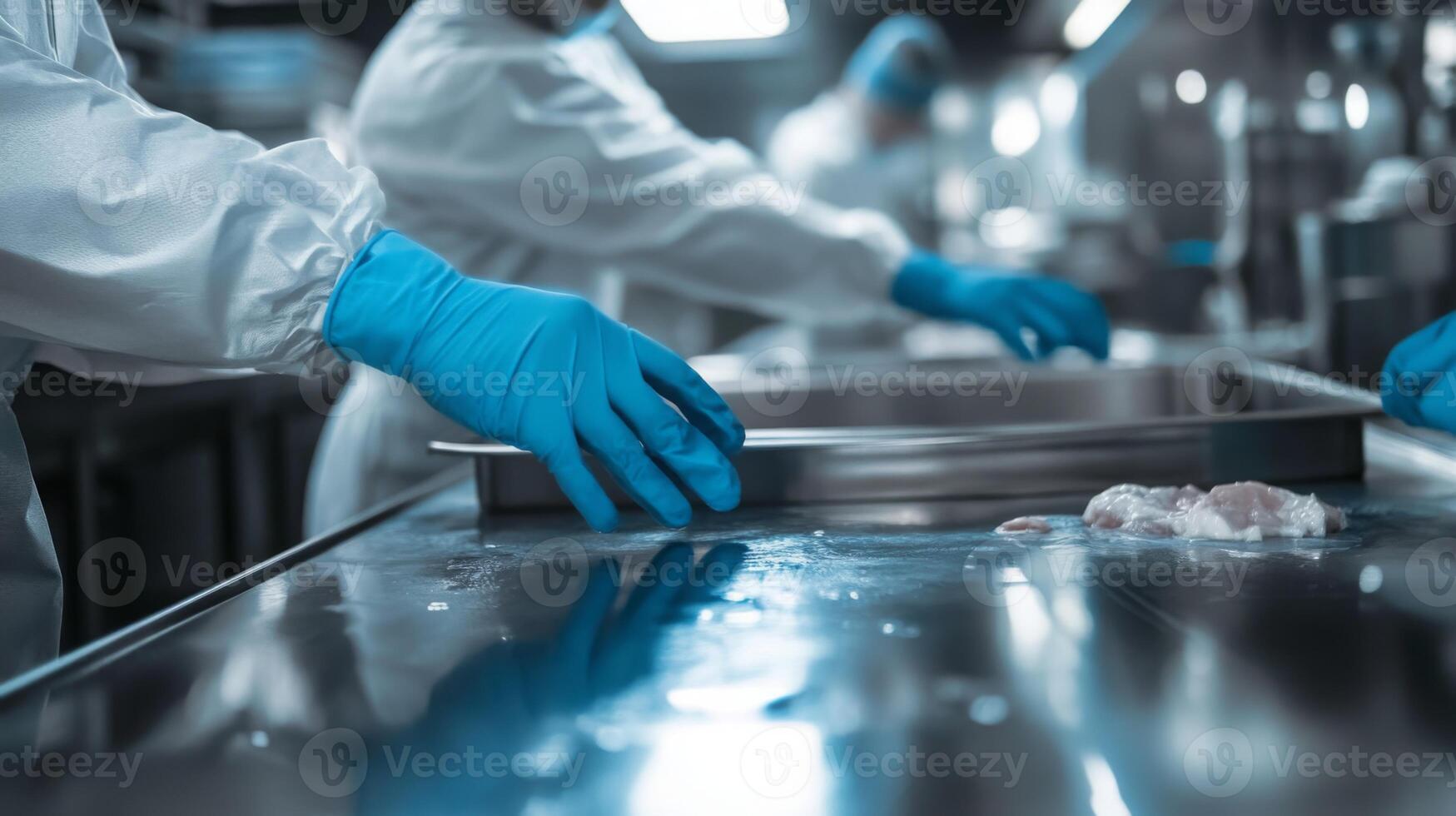 Workers in protective gear carefully handle food items on a sanitized production line. photo