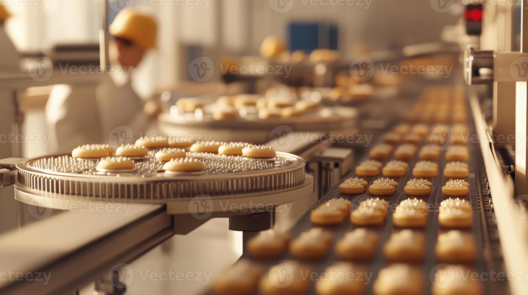 A sophisticated food production line utilizing artificial intelligence processes cookies being baked and decorated. Workers in uniforms oversee the automation in a spacious facility during daylight. photo