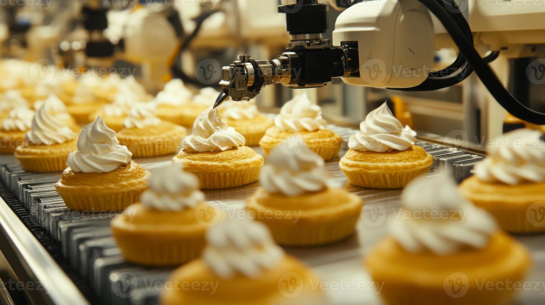 Cupcakes are moving along an automated production line in a food manufacturing facility. photo