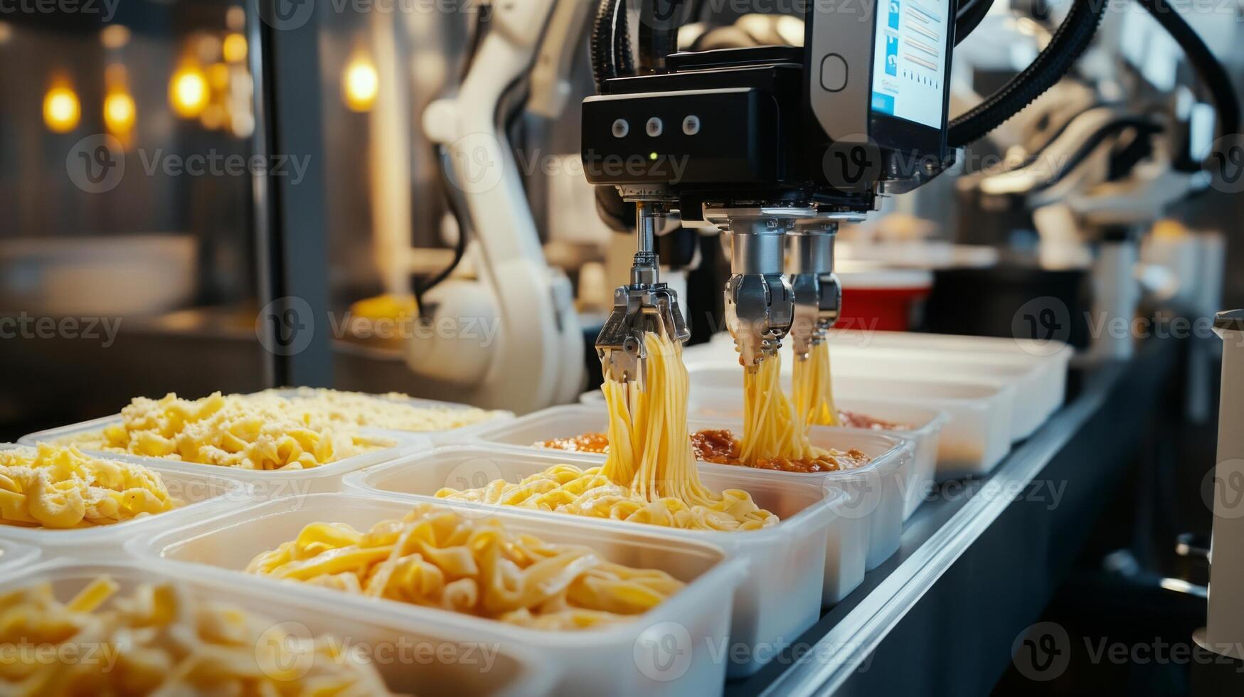 Robotic arms expertly dispense pasta and sauce into containers on an automated production line. photo