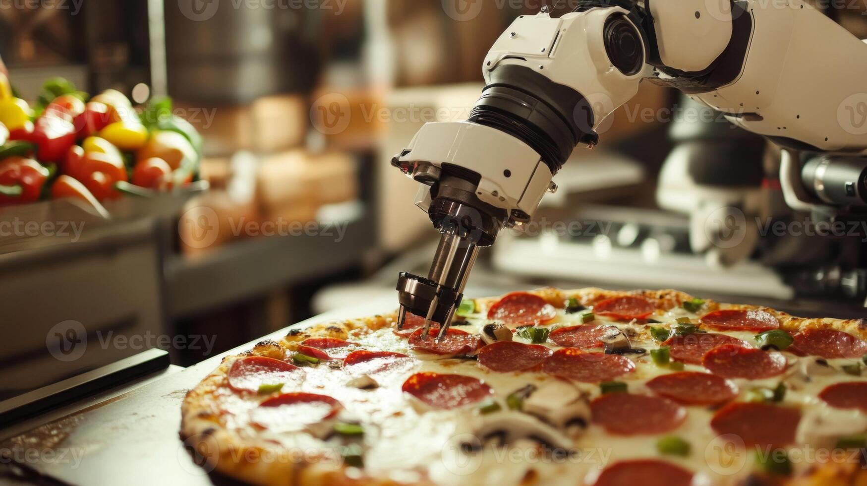 A robotic arm skillfully places toppings on a freshly made pizza in a bustling food production line. Colorful vegetables and herbs are nearby, creating an efficient culinary process. photo