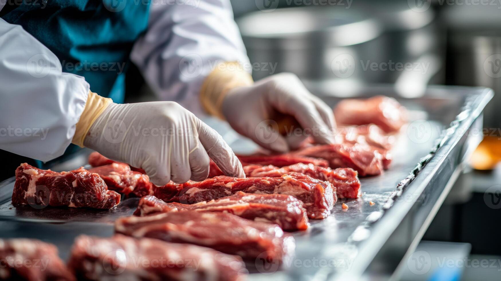 Workers in a food production facility methodically prepare cuts of meat while wearing gloves. The setting showcases a clean and organized workspace focused on food handling in an industrial kitchen. photo