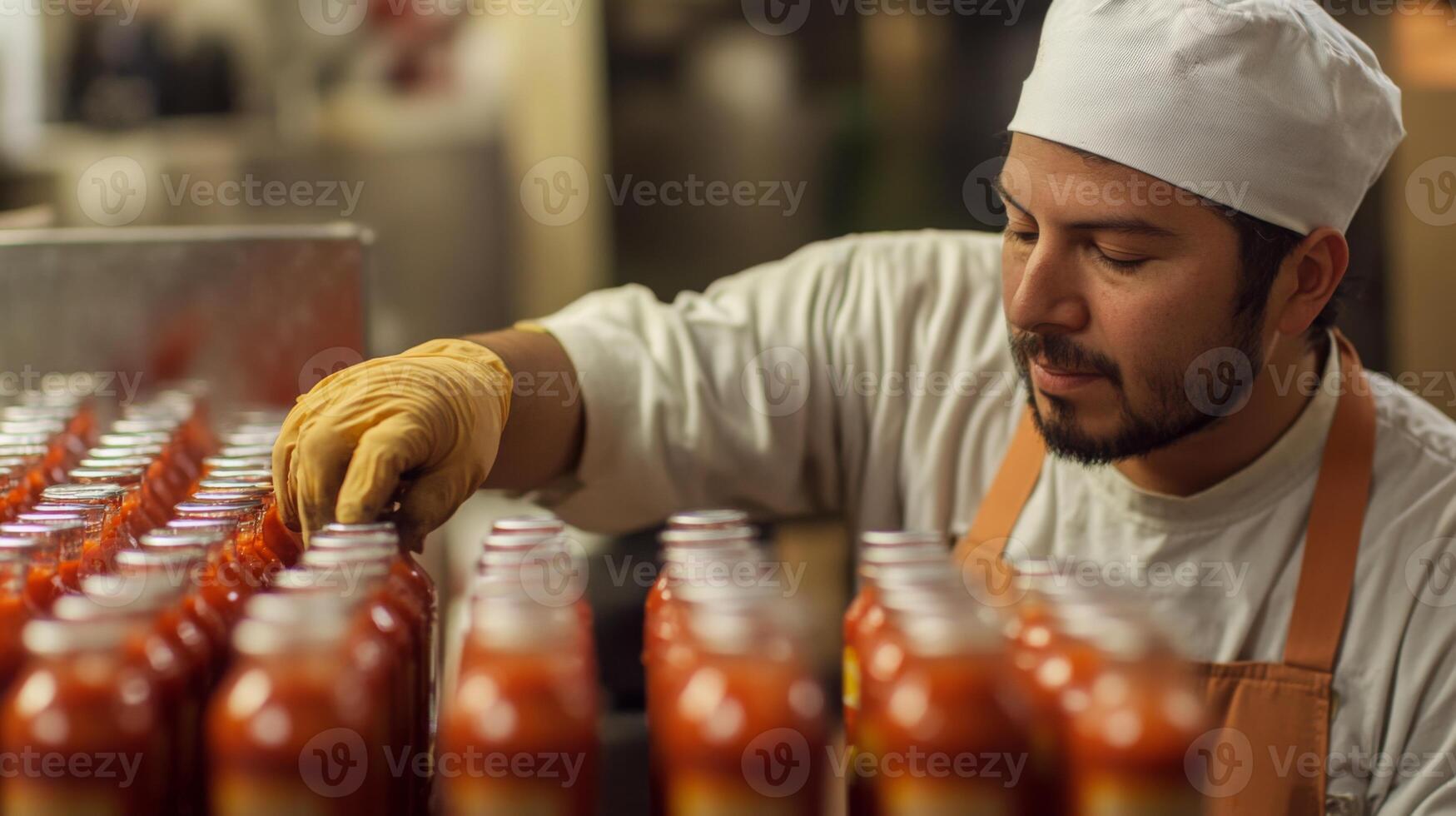 In a bustling kitchen setup, a worker meticulously places lids on jars of sauce, ensuring quality control on the production line during a busy shift. photo