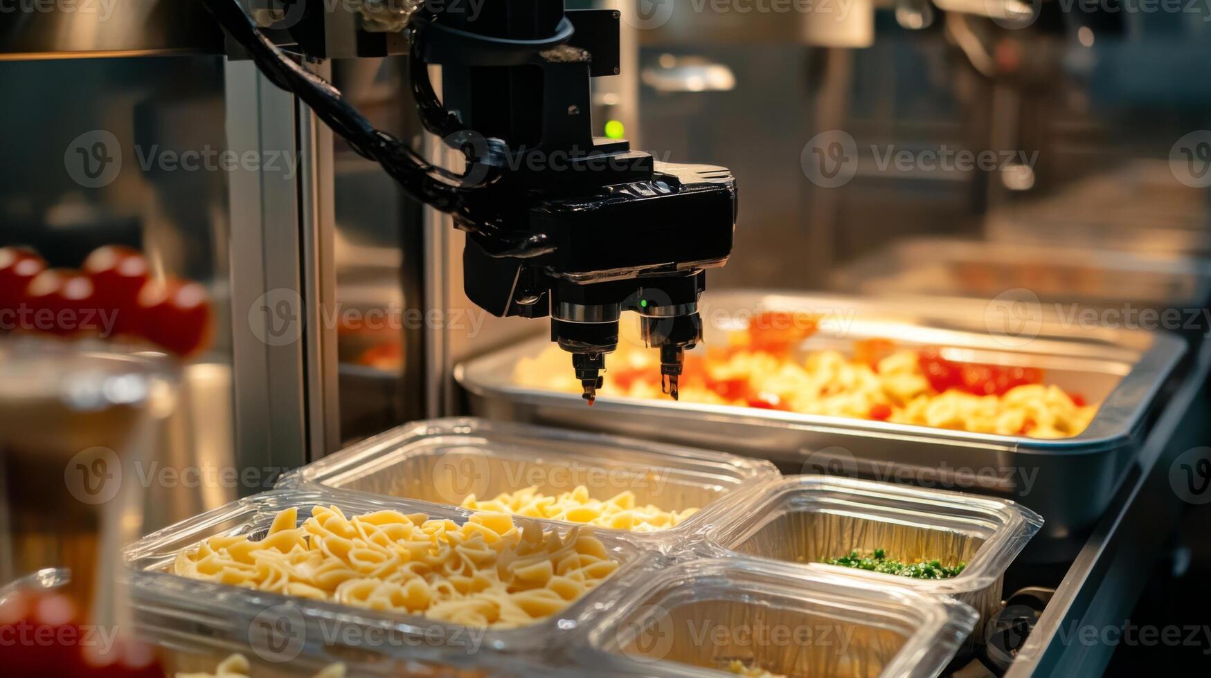 In a bustling kitchen, advanced robotic technology is employed to sort and distribute various food items, including pasta and vegetables. photo