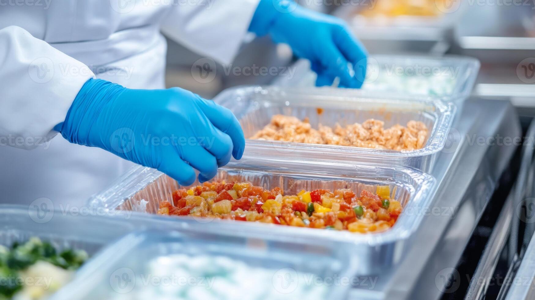 Workers in protective gear prepare colorful vegetable and protein dishes in transparent containers on a busy food production line. The process emphasizes speed and precision through technology. photo