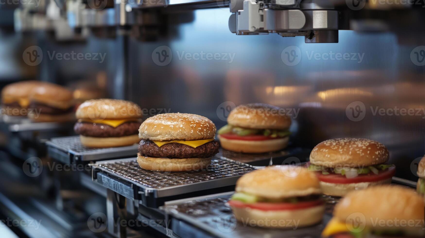 In a high-tech food production line, burgers are being assembled with efficiency. Patties, cheese, and fresh ingredients are combined seamlessly in a clean, fast-paced environment. photo