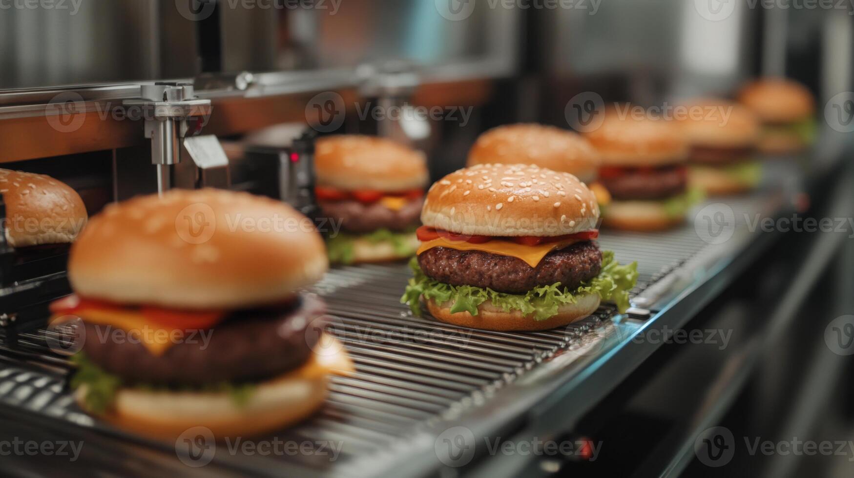 A modern production line efficiently prepares burgers with precise automation. Fresh patties, lettuce, cheese, and tomatoes are assembled on soft sesame seed buns in a fast-paced environment. photo