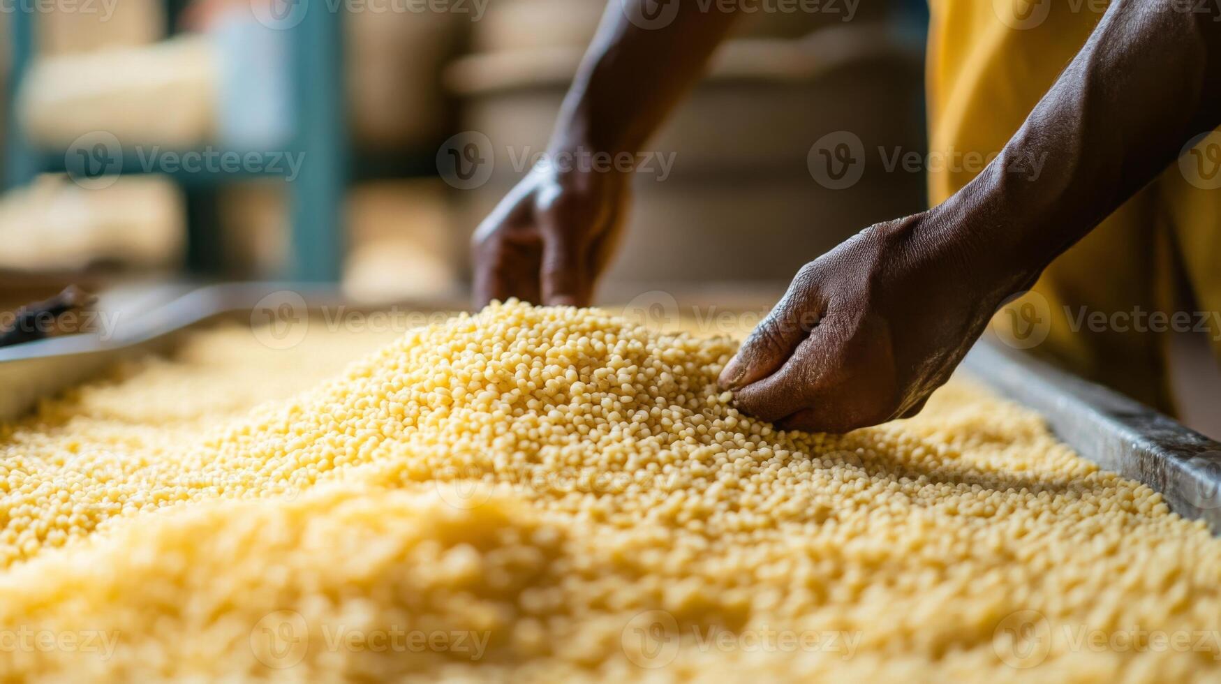 Individuals are meticulously sorting and handling small granules of food on a production line. The environment is busy and organized, focused on efficient food processing and quality control. photo