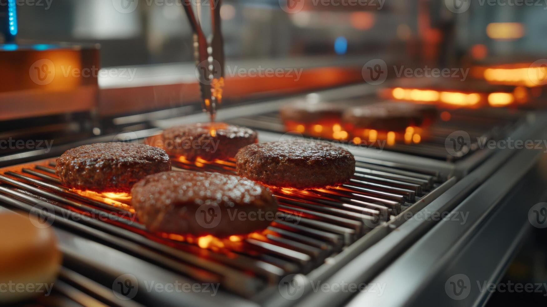 In a bustling kitchen, ai technology controls a food production line where burgers are grilled to perfection. The setup enhances speed and quality while maintaining consistency in cooking. photo